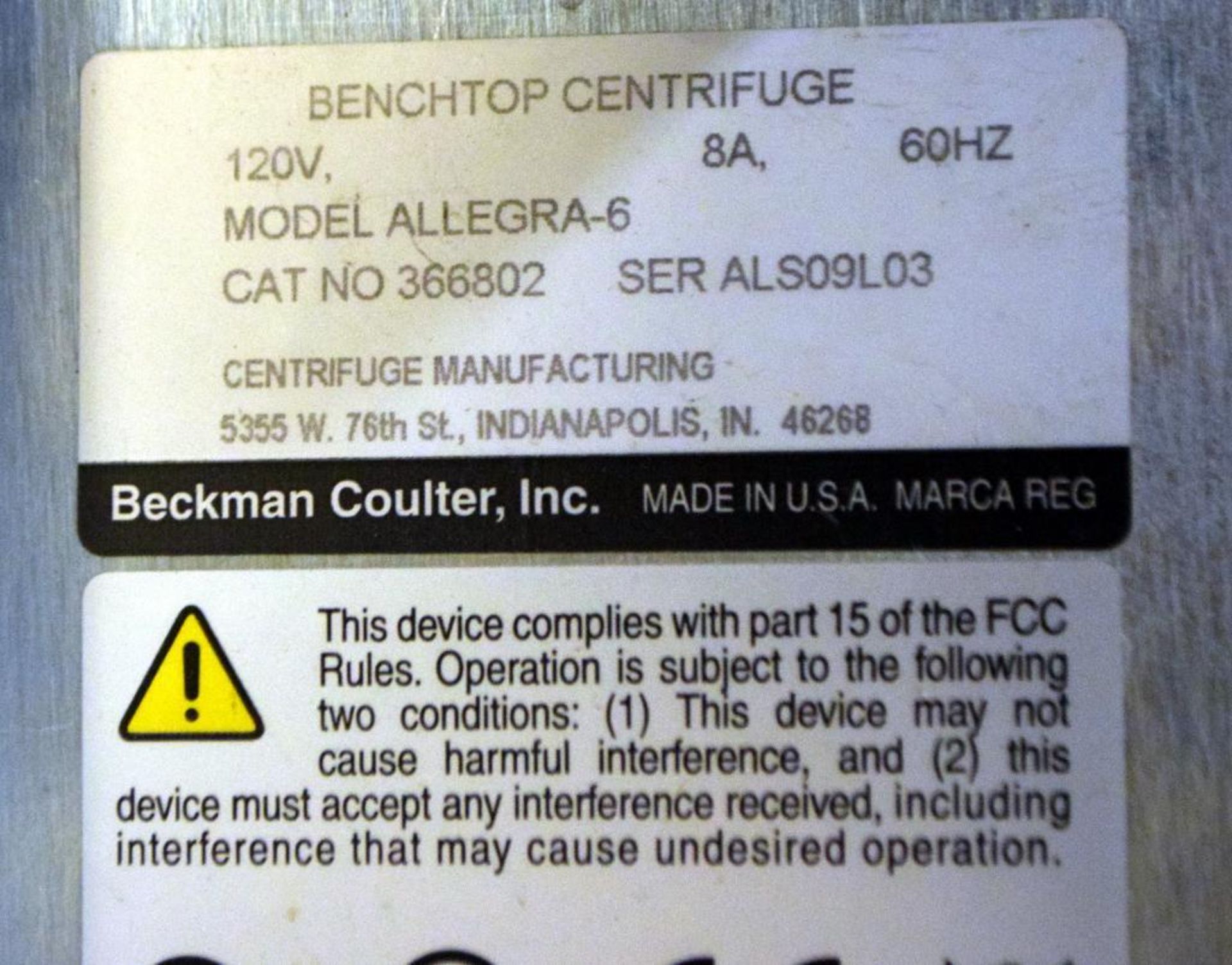 BECKMAN COULTER Allegra-6 Benchtop Centrifuge, Catalog# 366802, S/N ALS09L3 - Image 4 of 4