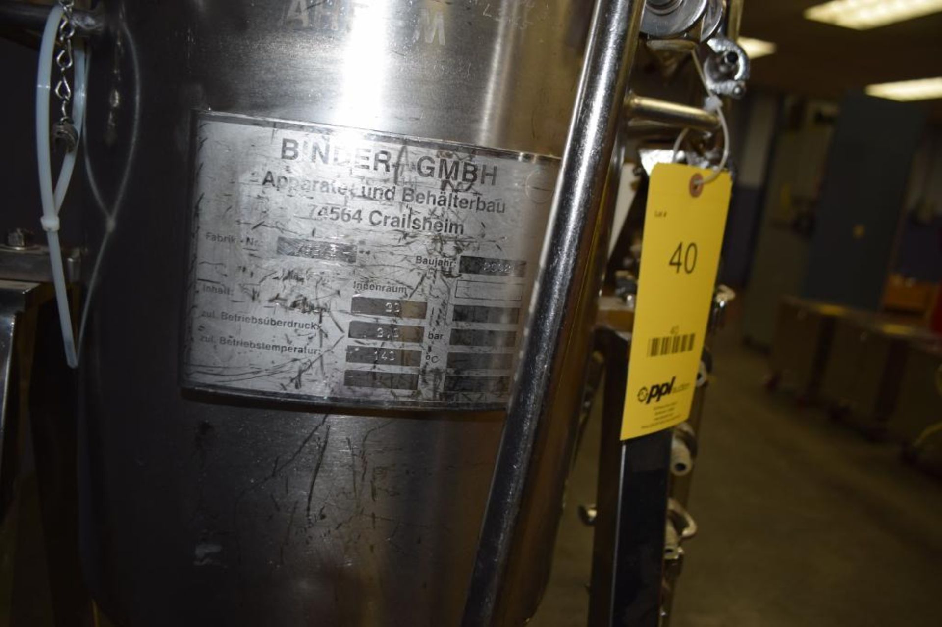 BINDER GMBH Pressure Tank, 30 Liter, Stainless Steel Construction, Built 2002, S/N 795/3 - Image 2 of 2