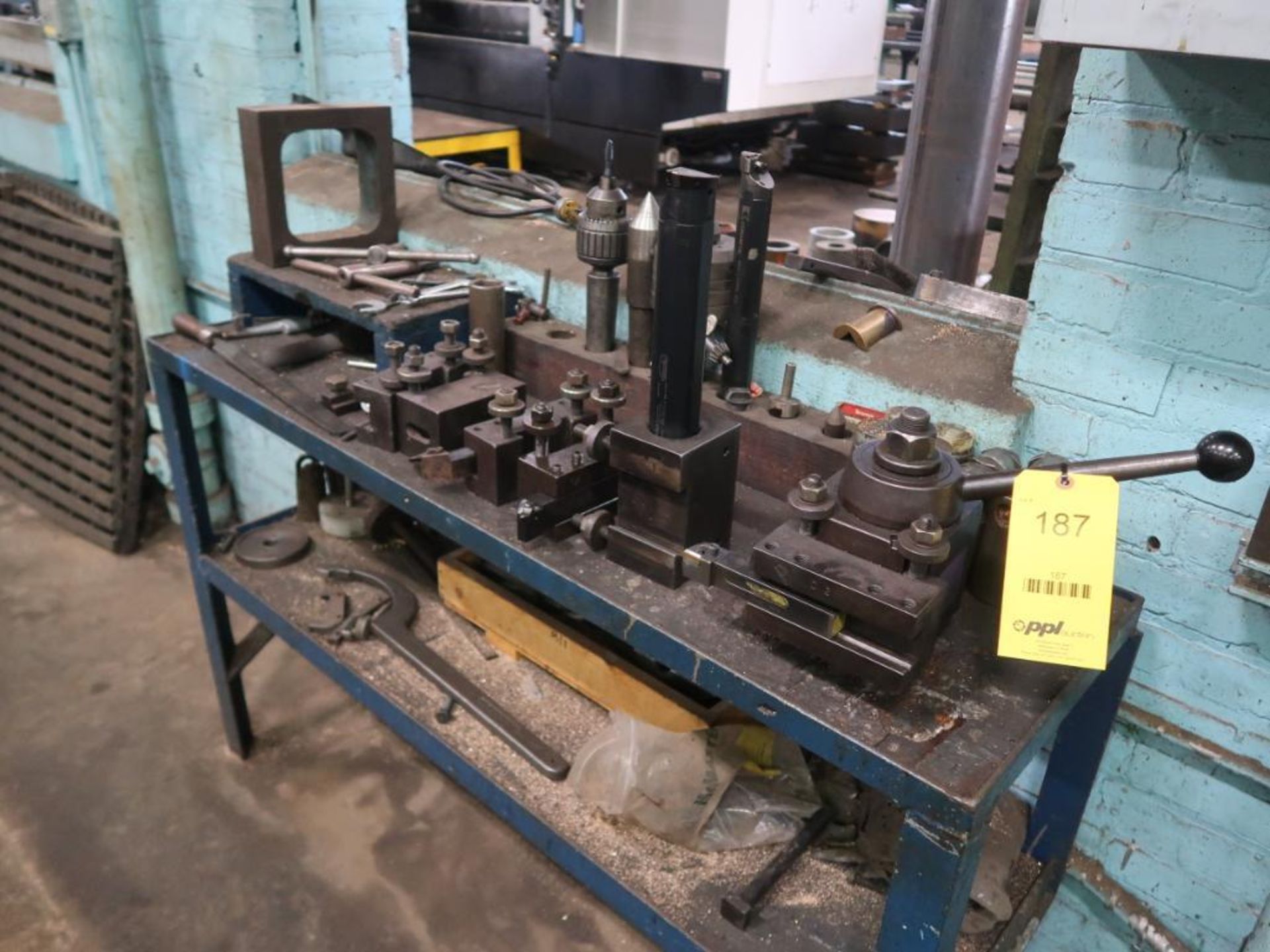 LOT: (1) Tool Post with Assorted Quick Change Tool Holders & Assorted Tooling, with (2) Tables