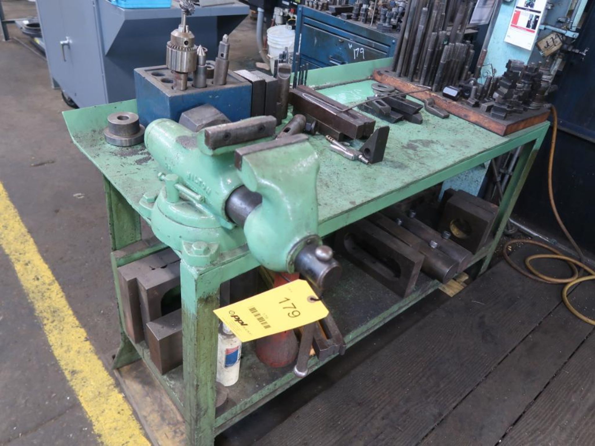 LOT: Wilton 4-1/2 in. Torpedo Vise, Steel Table, Rolling Cabinet with Contents including Hold Downs,