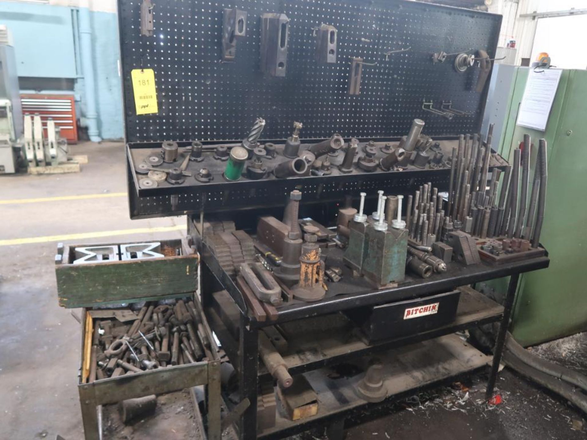 LOT: Mill Tooling, Hold Downs, V-Blocks on Steel Table