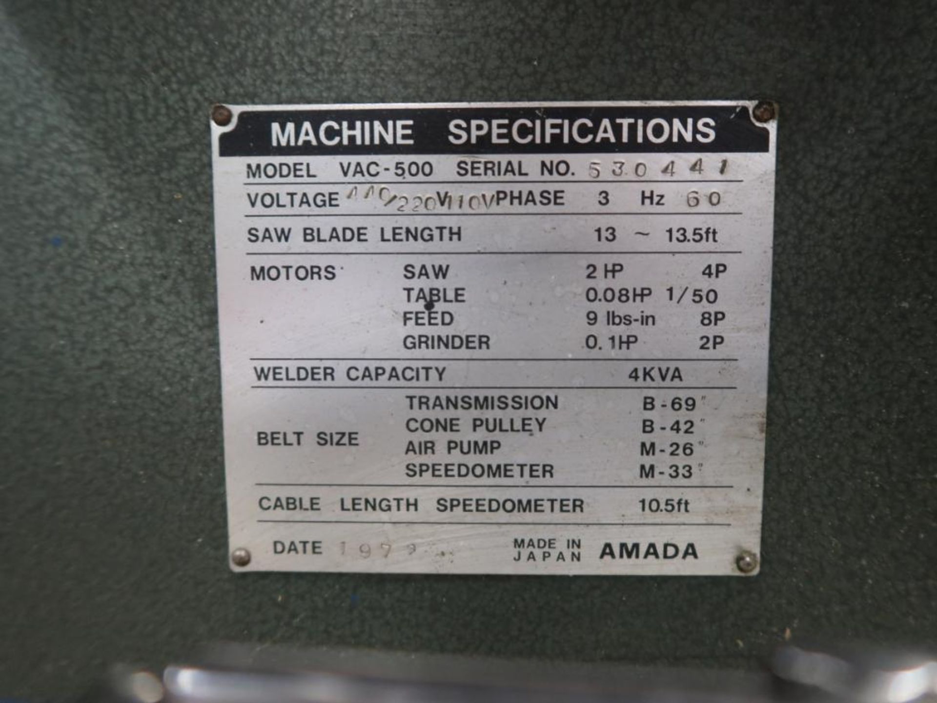 Johnson Amada 20 in. Variable Speed Vertical Band Saw Model VAC-500, S/N 530441, 22 in. Round Vacuum - Image 5 of 5