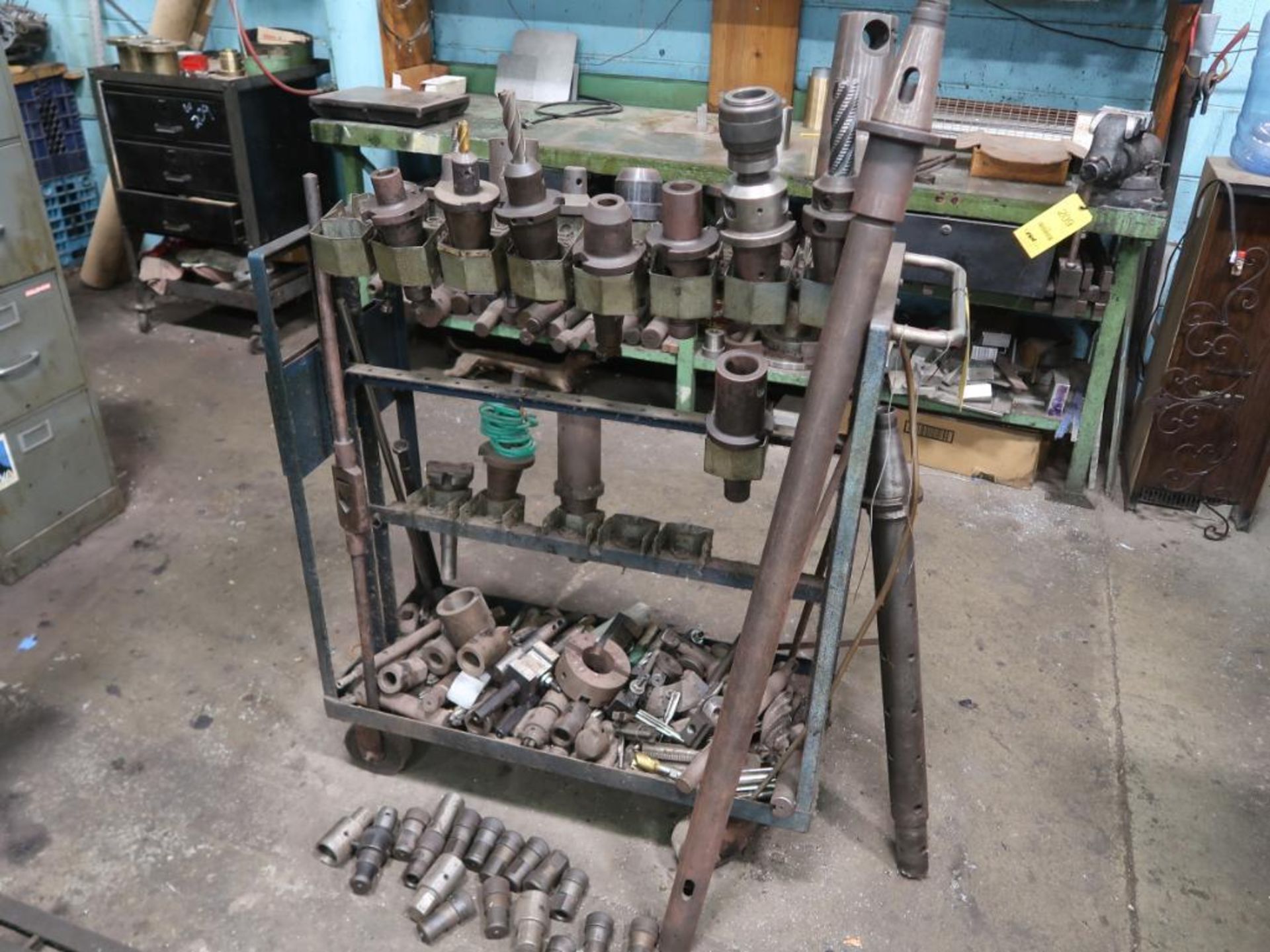 LOT: Assorted 50 Taper Tool Holders on 4-Wheel Cart & Rack with Assorted Tooling & Set-up Equipment