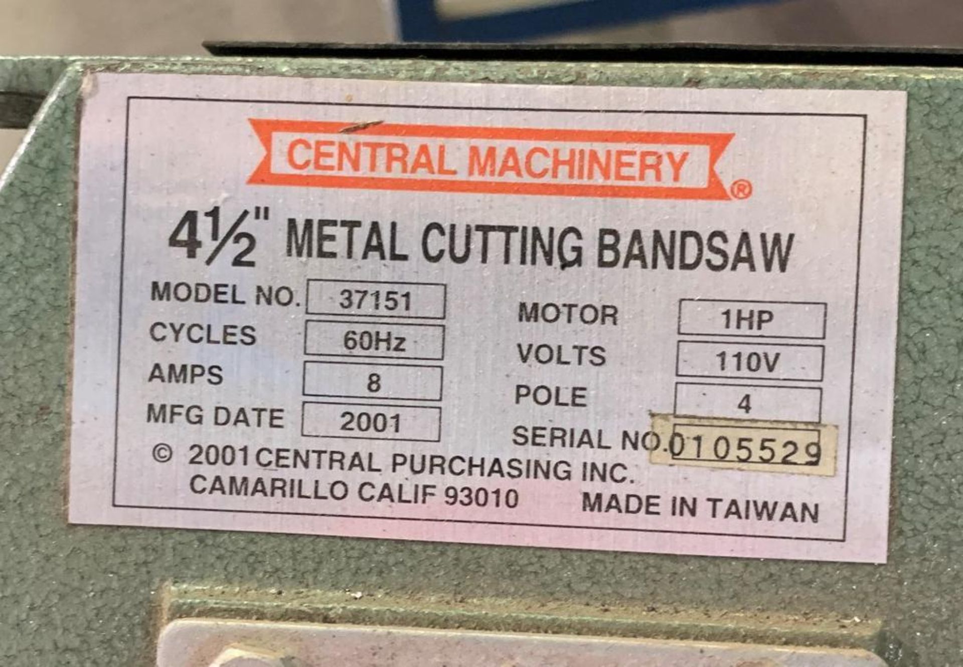 Central Machinery 4 1/2 in. Horizantal Band Saw Model 37151, S/N 0105529 (LOCATED IN MT. VERNON, - Image 2 of 2
