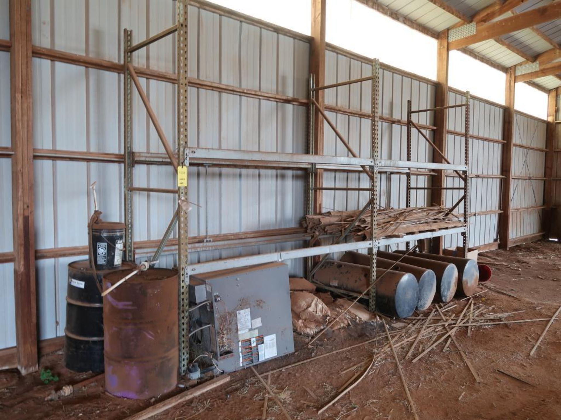 LOT: Contents of Out Building including (2) Sections Pallet Rack, Fuel Tanks, 44 in x 72 in. Tank