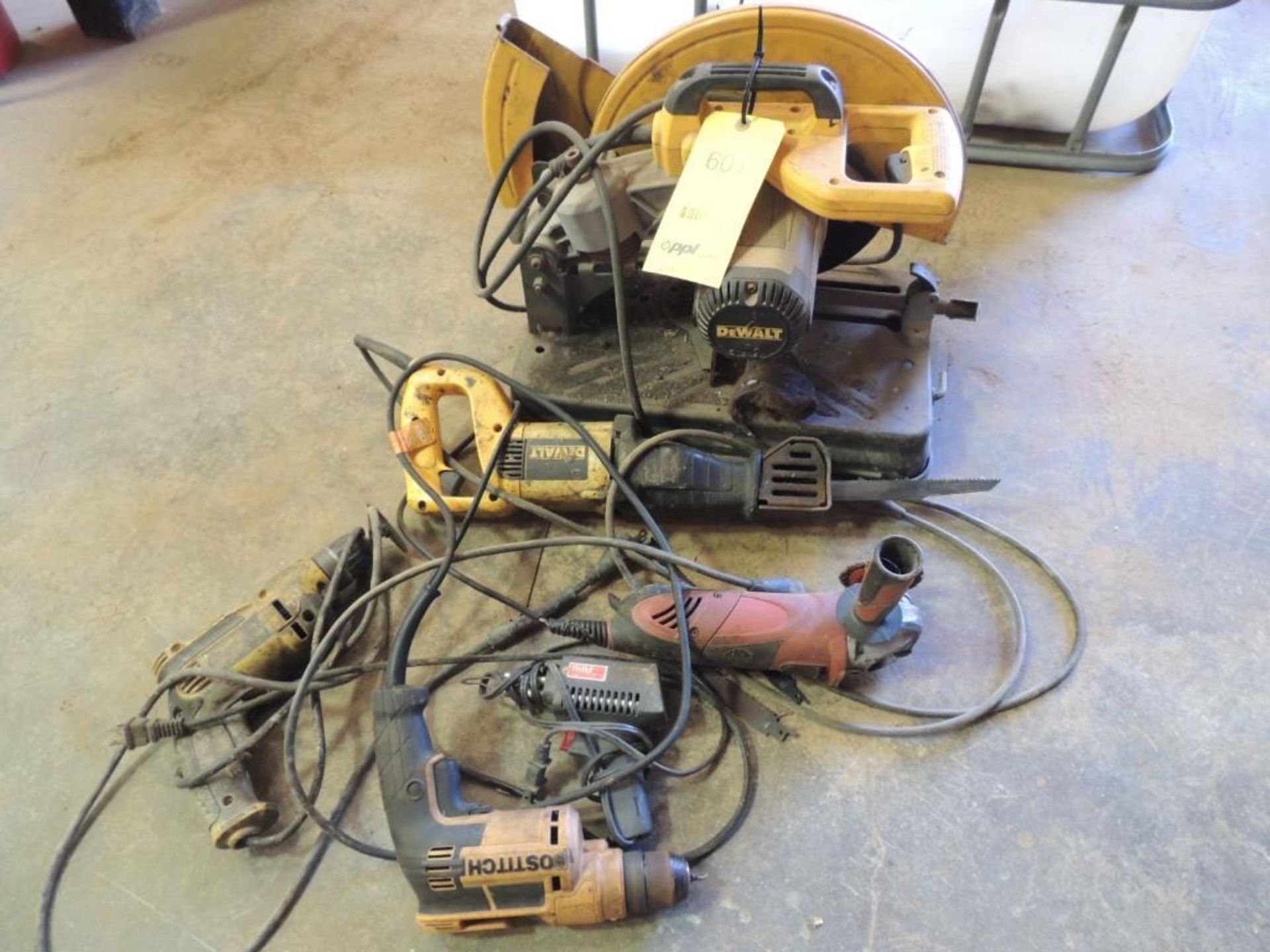 LOT: Dewalt 14 in. Chopsaw, Dewalt Sawzall, Dewalt and Bostich Drills, 4.5 in. Angle Grinder, Weller