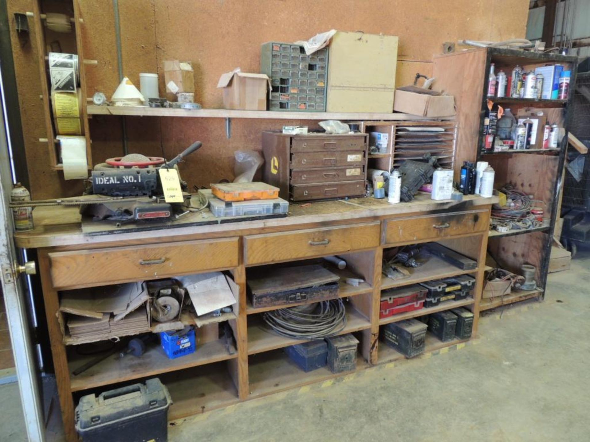 LOT: Ideal #1 Stencil Machine, Wood Work Bench, Lawson 4-Drawer Cabinet, Assorted Fittings (