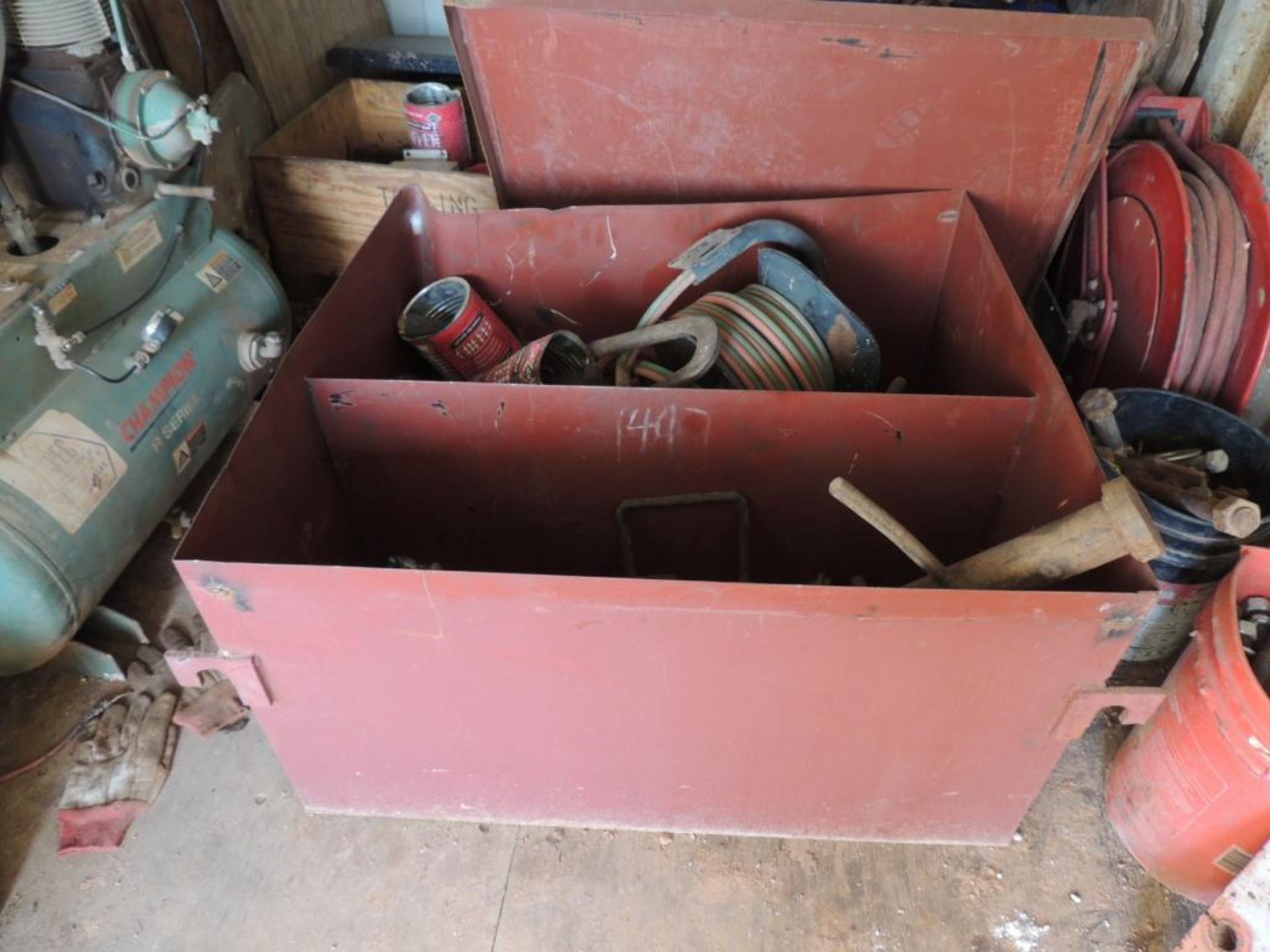 Sea Container 20 Ft. and Contents, (2) Champion Air Compressor Tanks, Torch Reel and Hose, Truck - Image 3 of 5