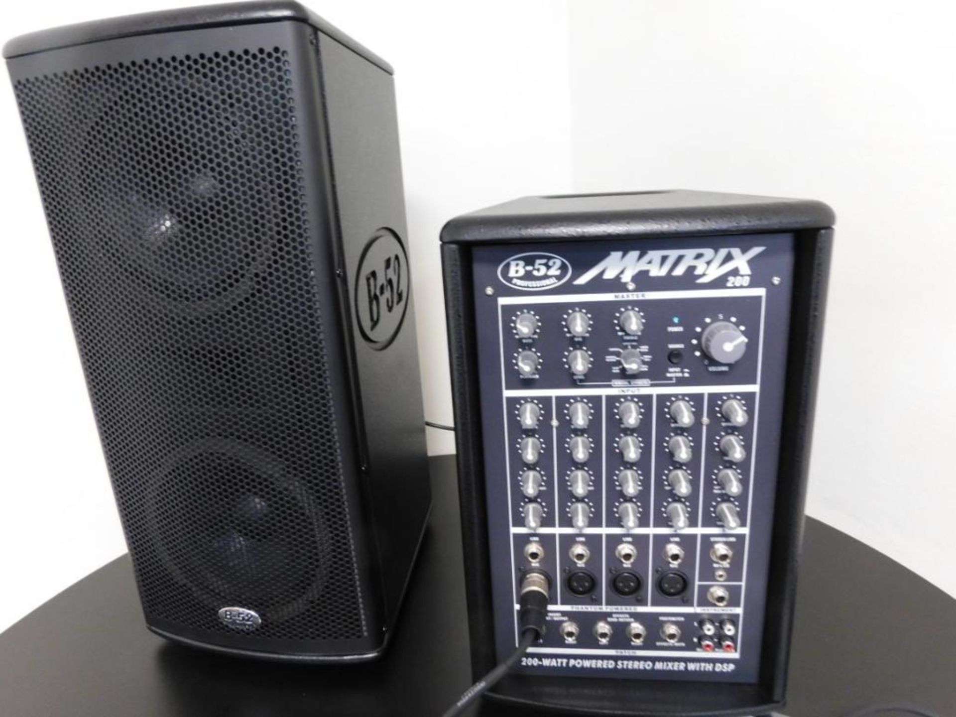 LOT: B-52 Professional Matrix 200 200-Watt Stereo Mixer with DSD, (2) Speakers, Microphone, Tripods, - Image 2 of 4