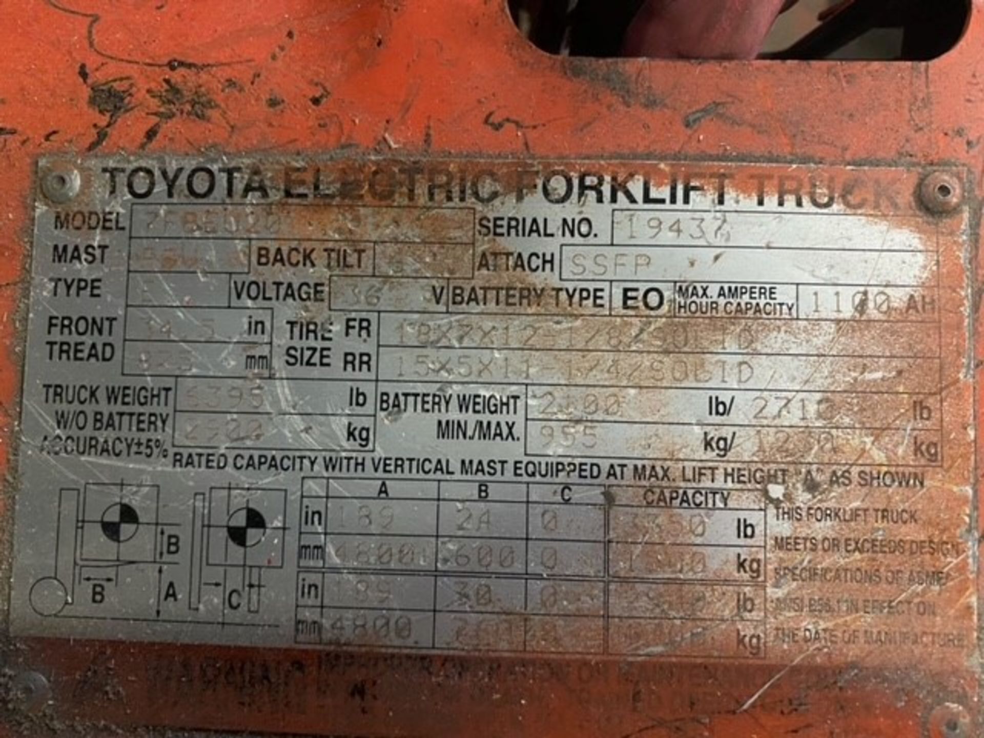 Toyota 3350 lb. Electric Forklift Model 7FBEU20, S/N 19437, Triple Mast, Side Shift (LOCATED IN - Image 3 of 3