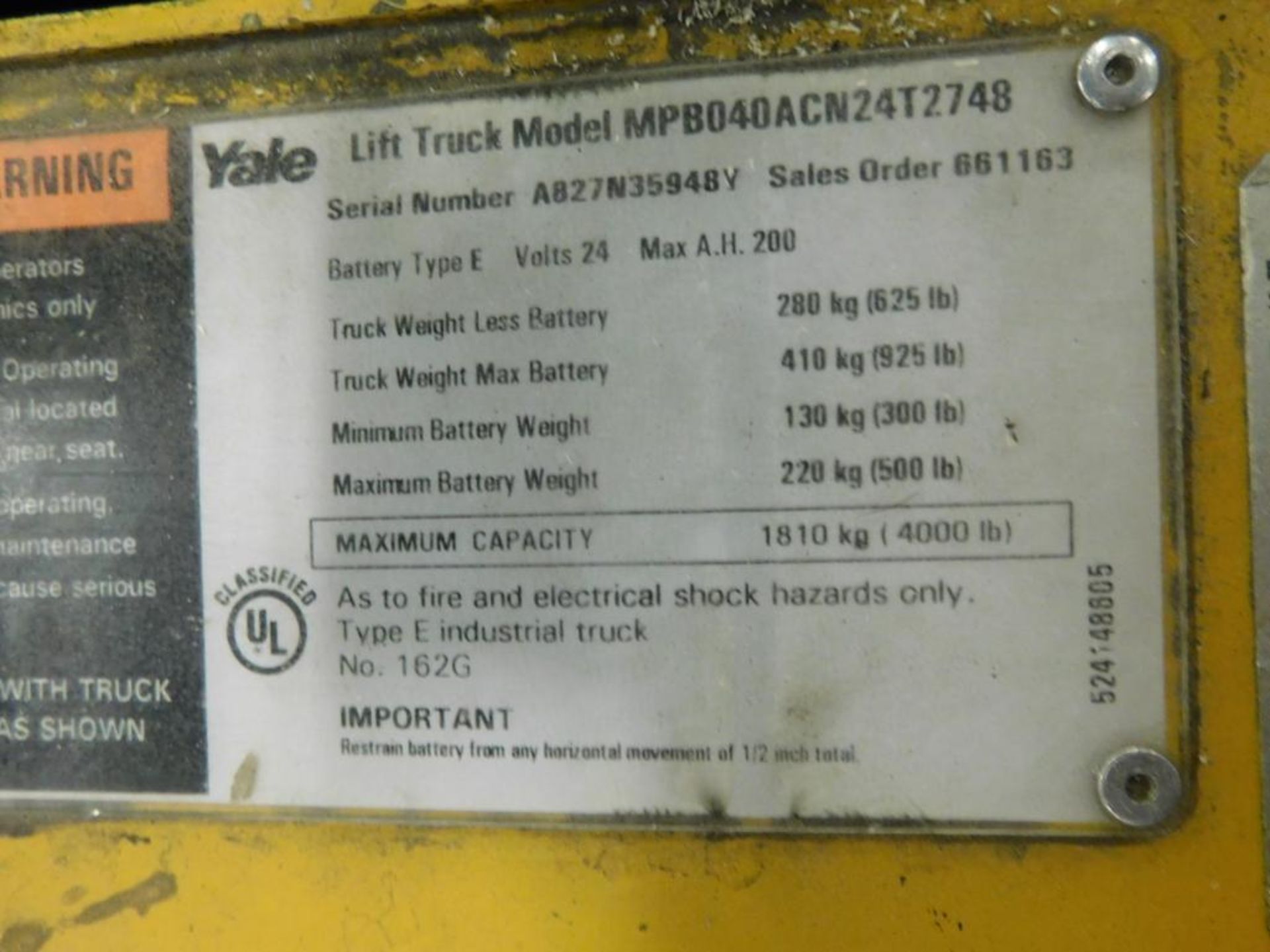Yale 4000 lb. Electric Walk-Behind Pallet Jack Model MPB040ACN24T2748, S/N A827N3S948Y (LOCATED IN M - Image 3 of 3
