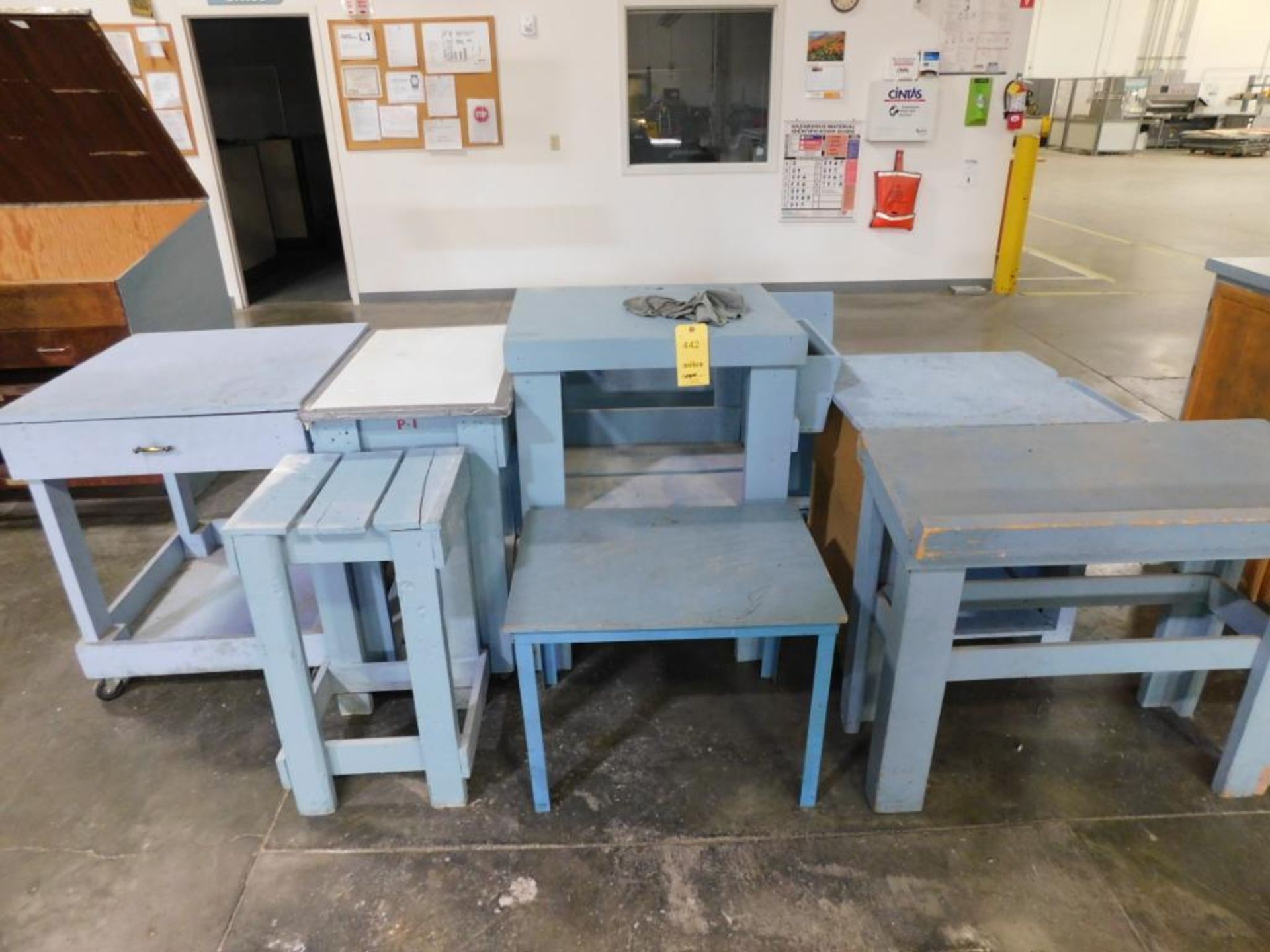 LOT: Wooden Tables, (1) Metal Work Table, Wooden Cabinets (LOCATED IN MINNEAPOLIS, MN.)