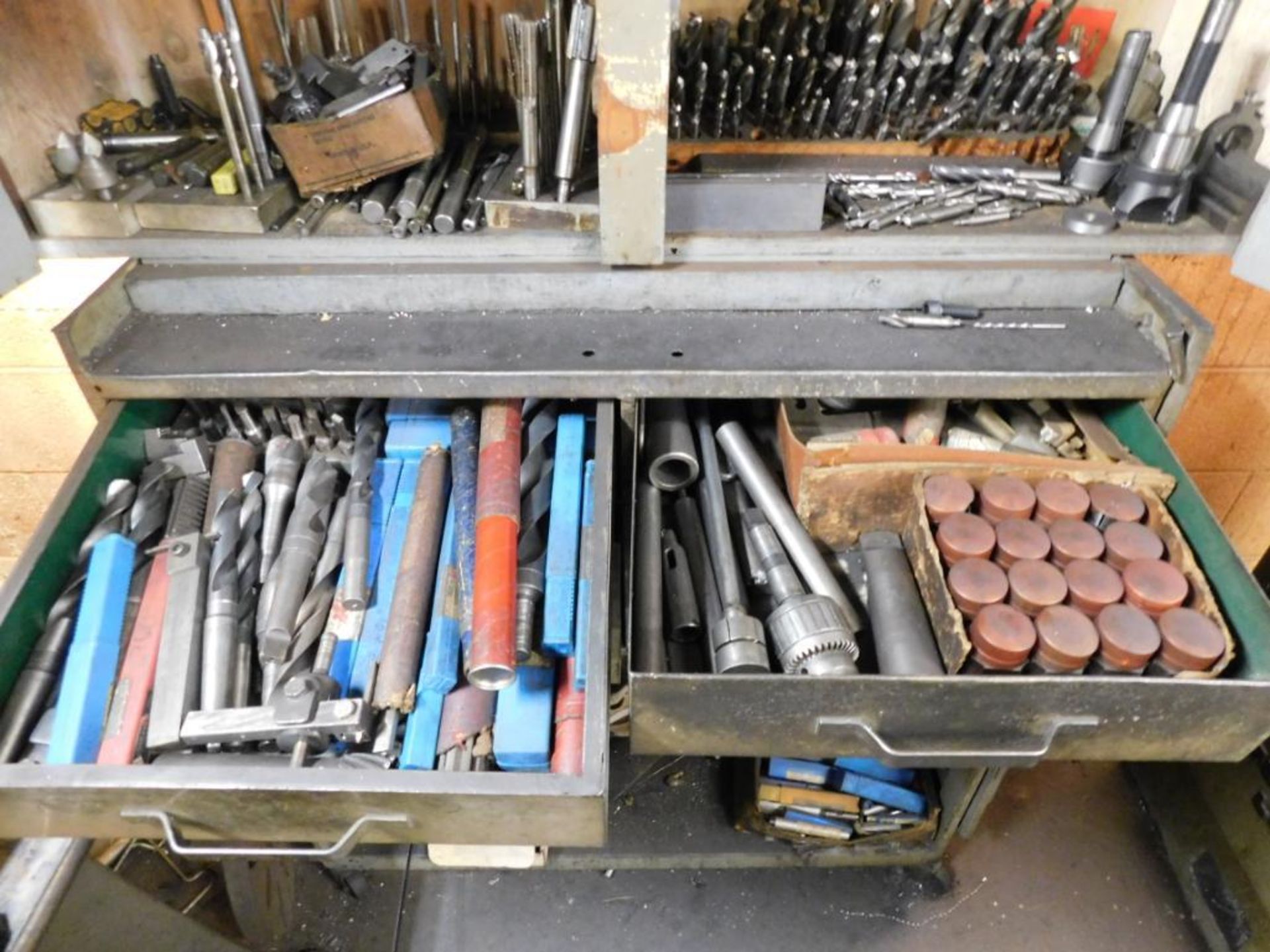 LOT: Assorted Drill Bits, Reamers, Drill Chucks, Cutters, Collets, etc. in Cart & Cabinet - Image 2 of 2