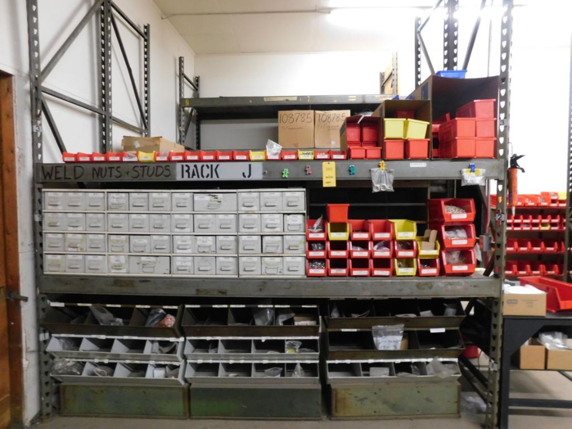 LOT: (12) Sections of Assorted Rack with Contents, Large Assortment of Hardware Parts Bins with