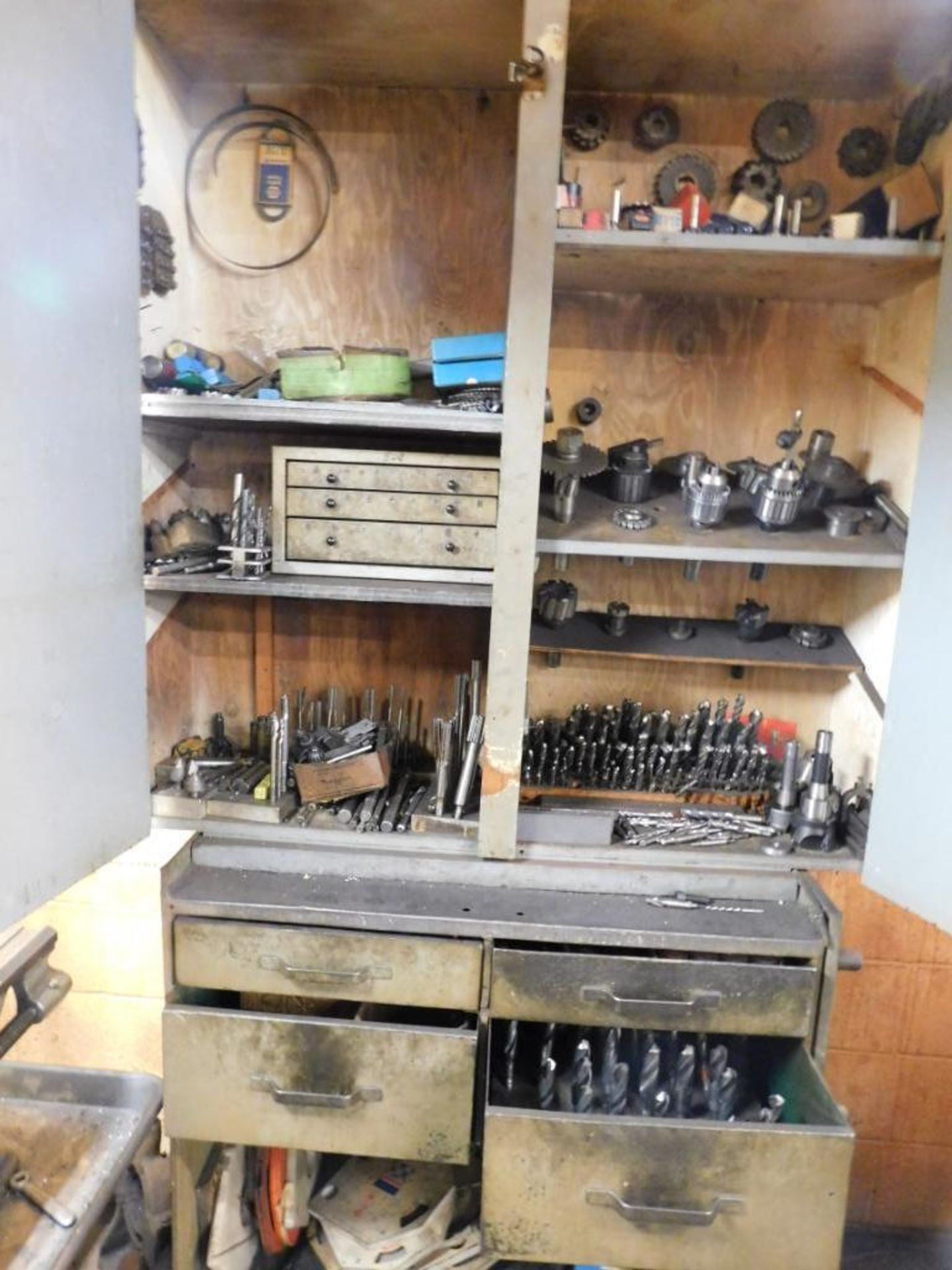 LOT: Assorted Drill Bits, Reamers, Drill Chucks, Cutters, Collets, etc. in Cart & Cabinet