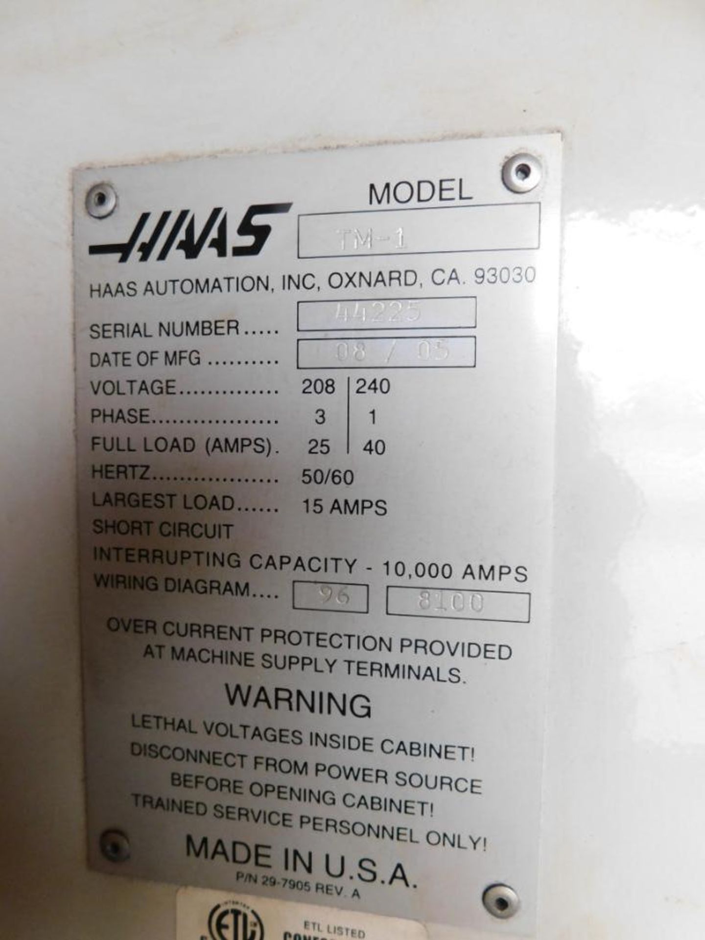 Haas CNC Toolroom Mill Vertical Machining Center Model TM-1, S/N 44225 (2005), 30 in. X-Travel, 12 - Image 5 of 5