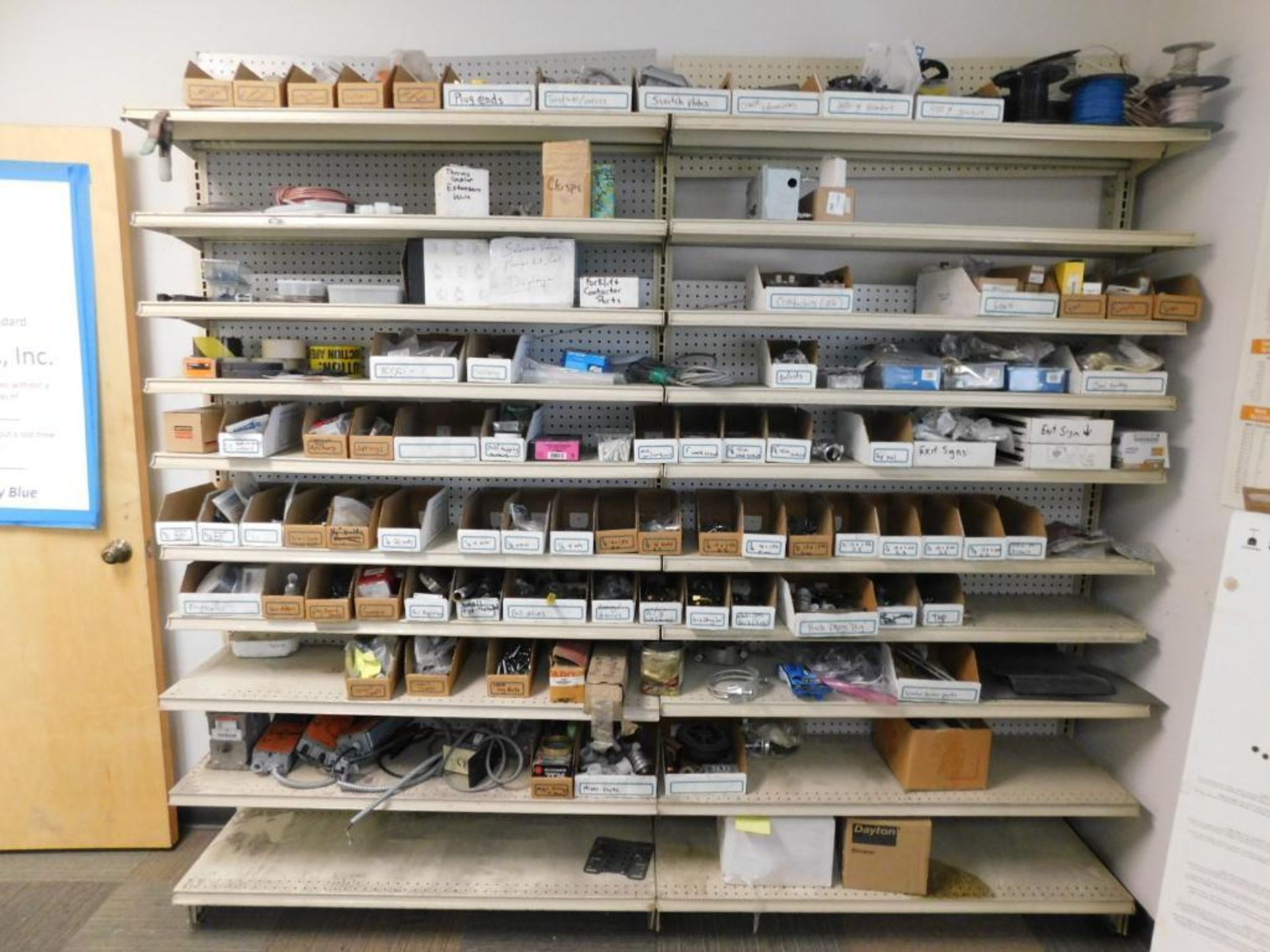 LOT: Contents of Supply Room including Assorted Hardware, Spare Parts, Electrical Supplies, (2)