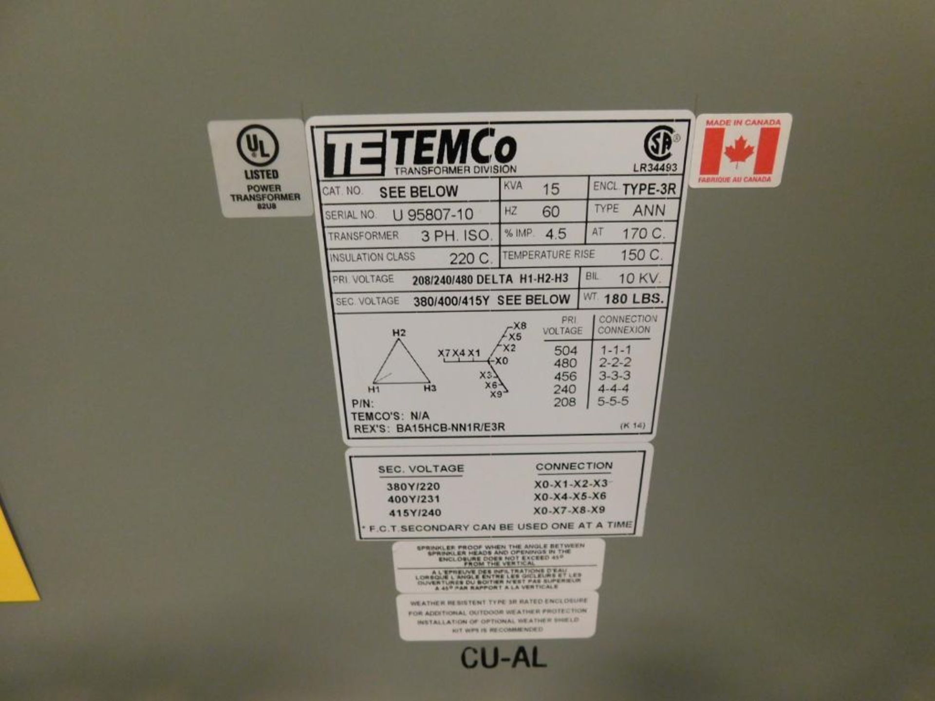 Temco Transformer, S/N V95807-10, 15 KVA, 3-Phase - Image 3 of 3