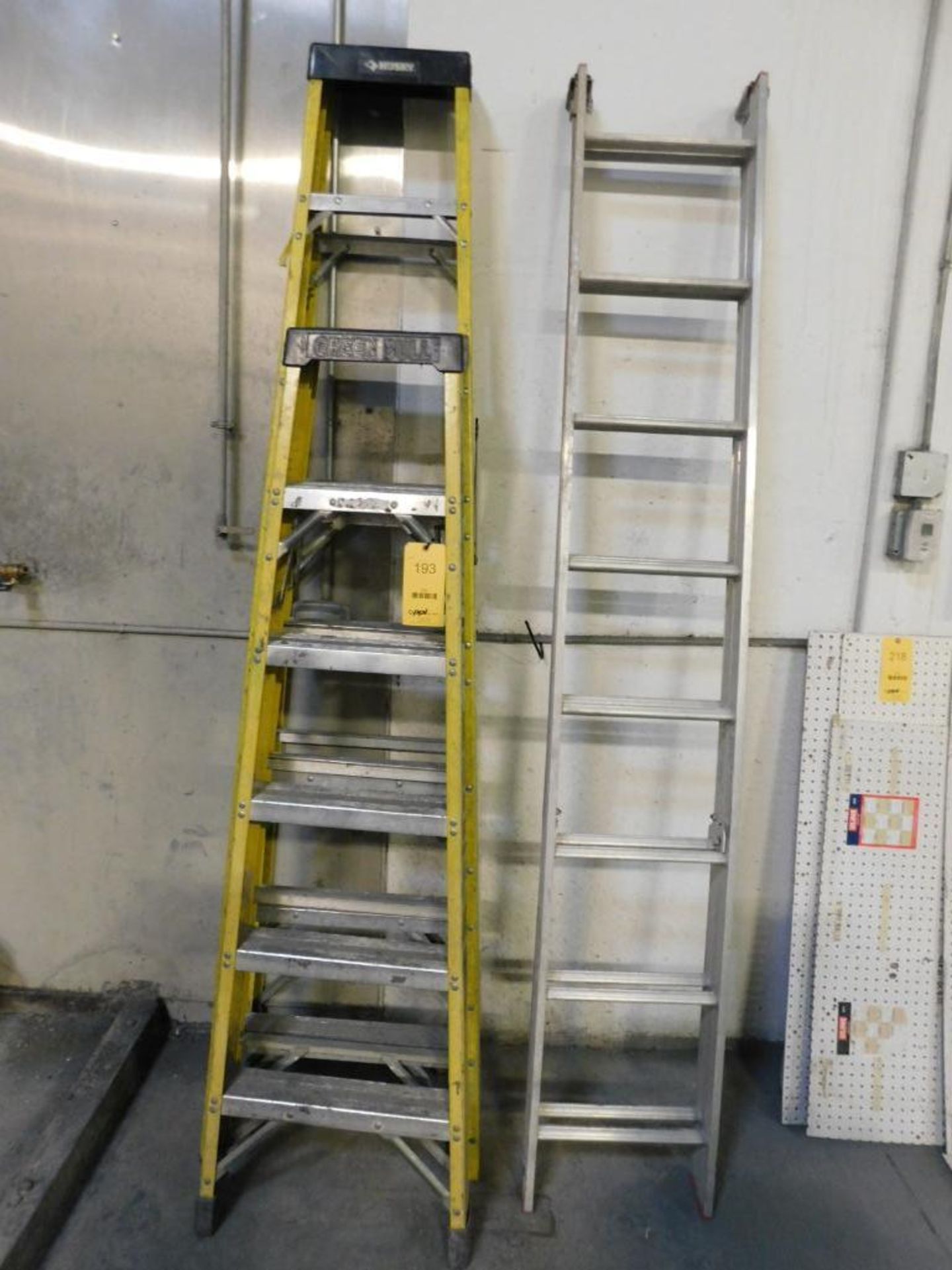 LOT: (1) 6 ft. & (1) 8 ft. Fiberglass A-Frame Ladders, (1) 16 ft. Aluminum Extension Ladder