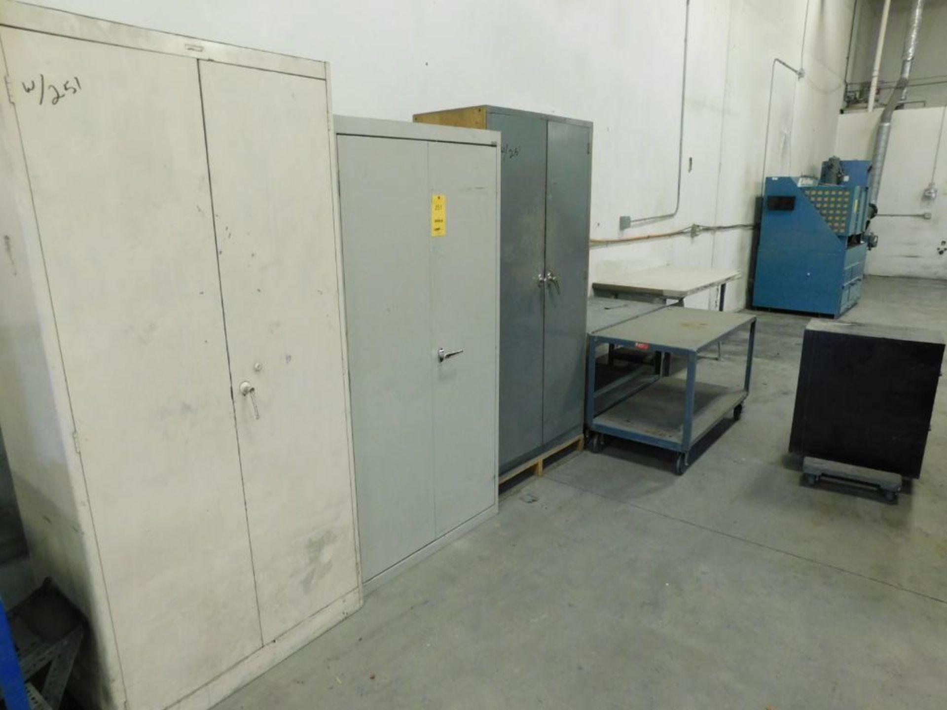 LOT: Large Quantity Assorted Work Tables, Shelves, Cabinets