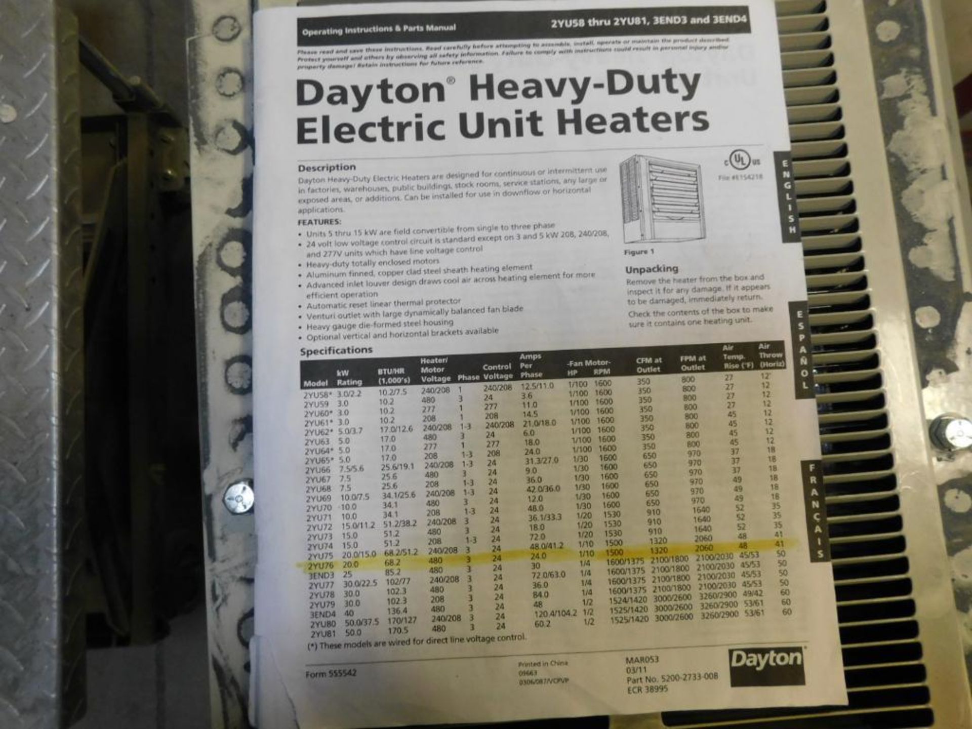 Dayton Heavy Duty Electric Unit Heater Model 2YU76, 3-Phase, 480 Volt - Image 3 of 3