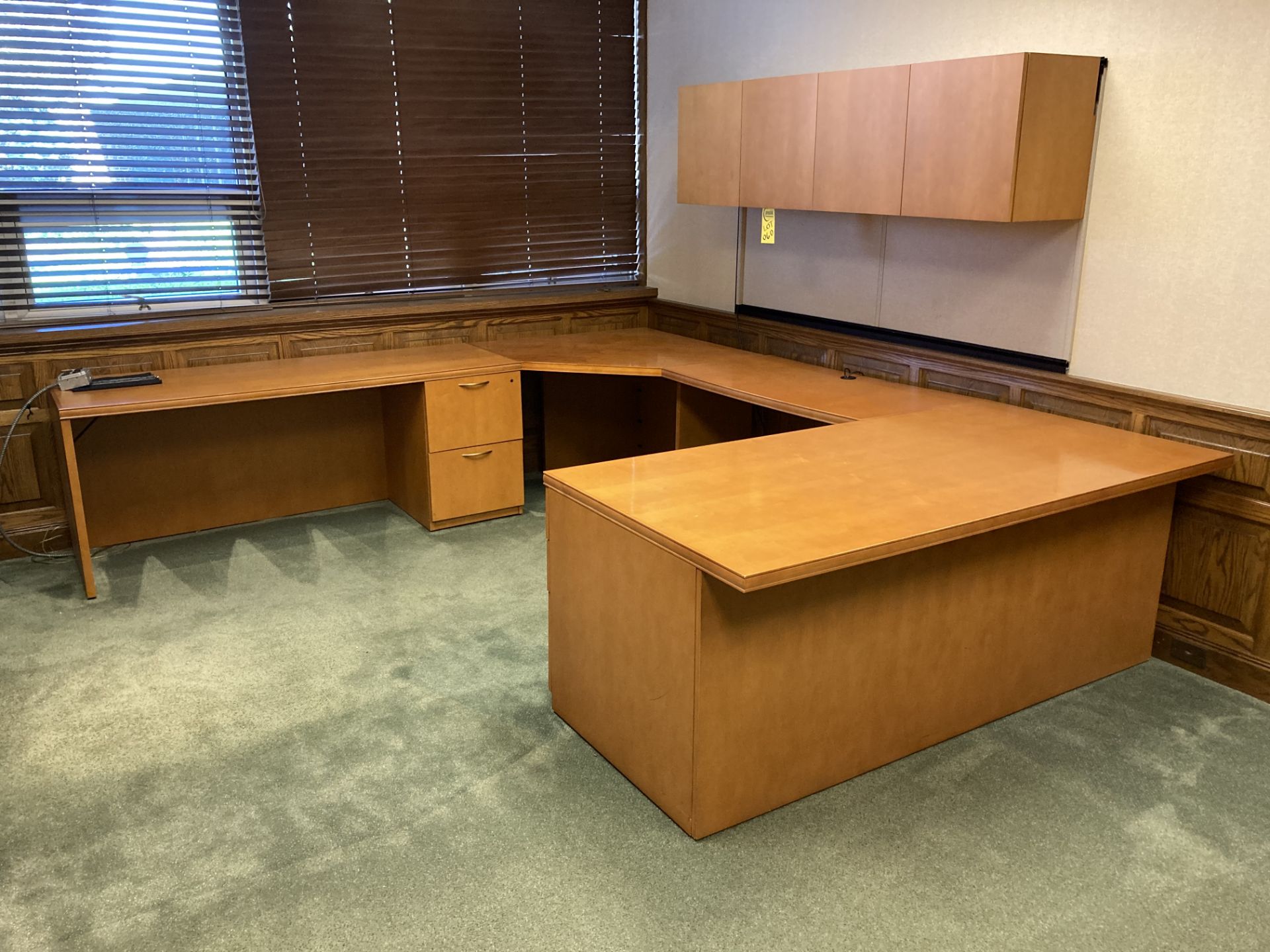 Wood desk, cradenza, file cabinet, shelf unit