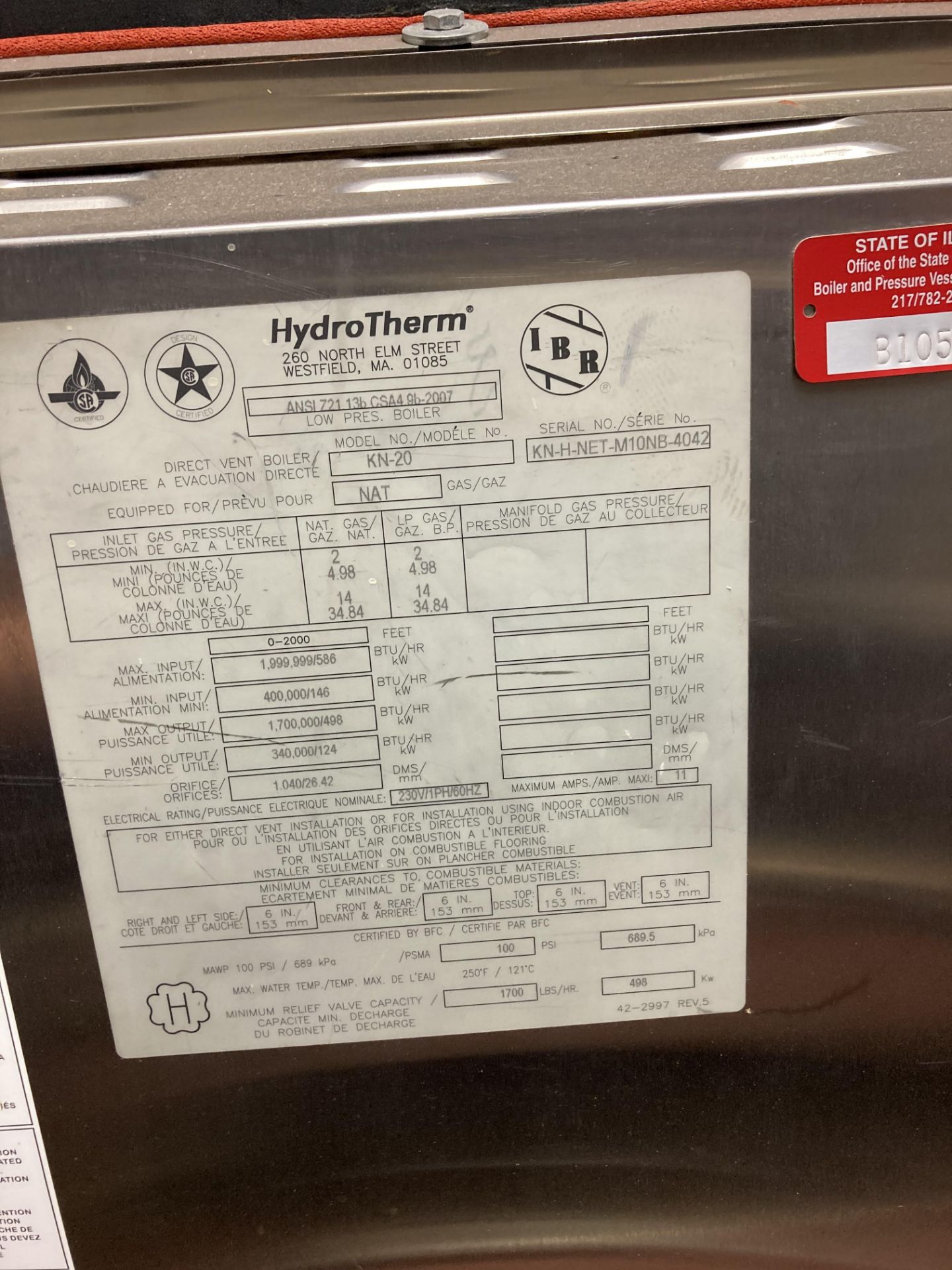 Hydrotherm KN-20 low pressure boiler, sn:KN-H-NET-M10NB-4042, natural gas - Image 3 of 3