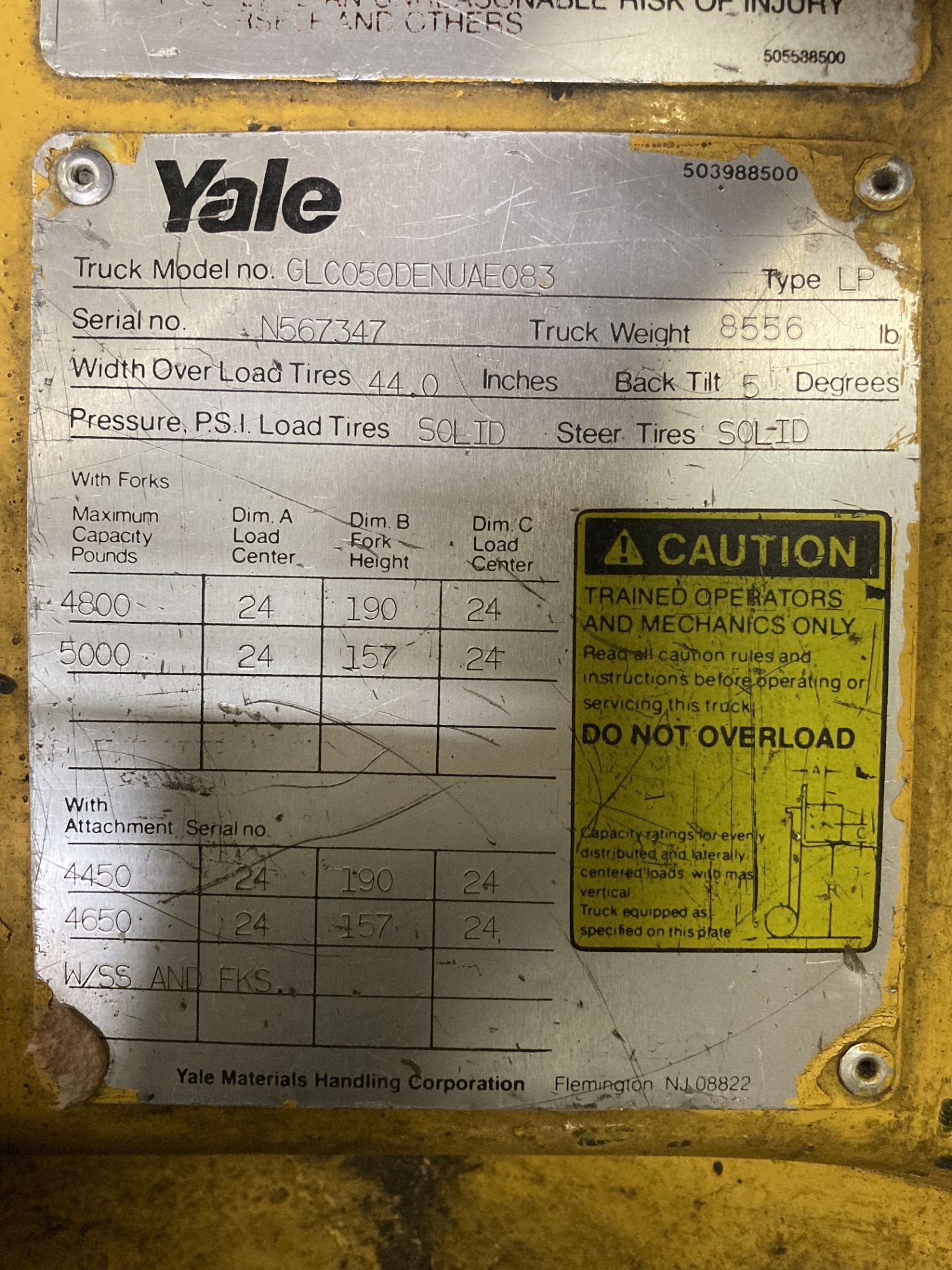 5000# Capacity Yale fork lift, 157" lift, 42" forks, LP gas, solid tires - Image 3 of 3