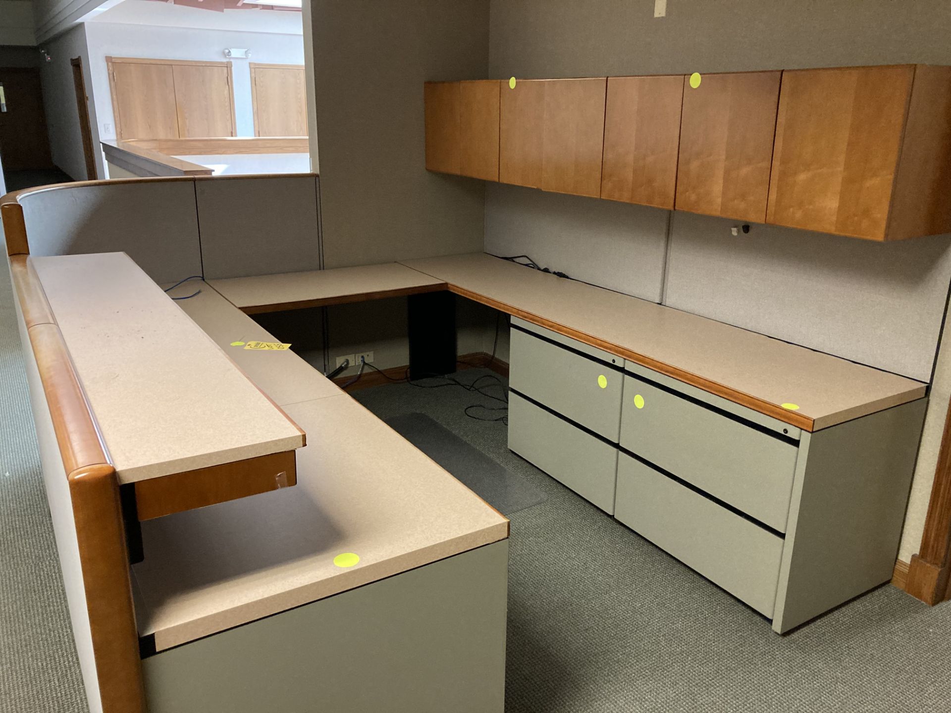 Cubicle with file cabinets and upper cabinet