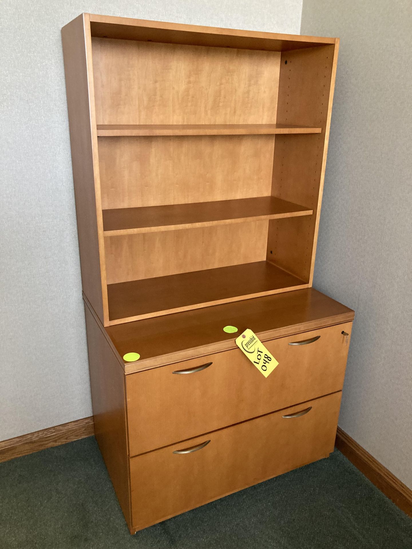 Wood desk with upper cabinet, 2 drawer file cabinet & shelf unit - Image 2 of 2