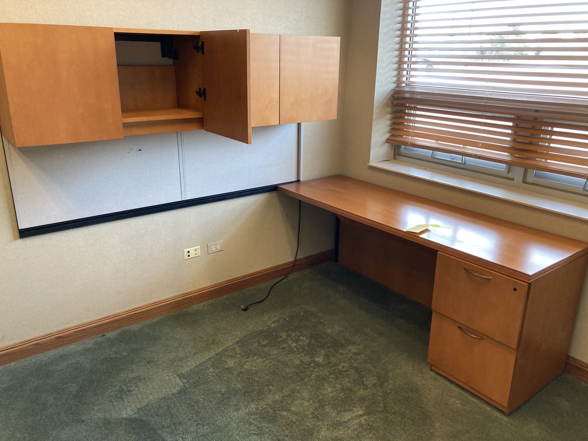 Wood desk with upper cabinet, 2 drawer file cabinet & shelf unit