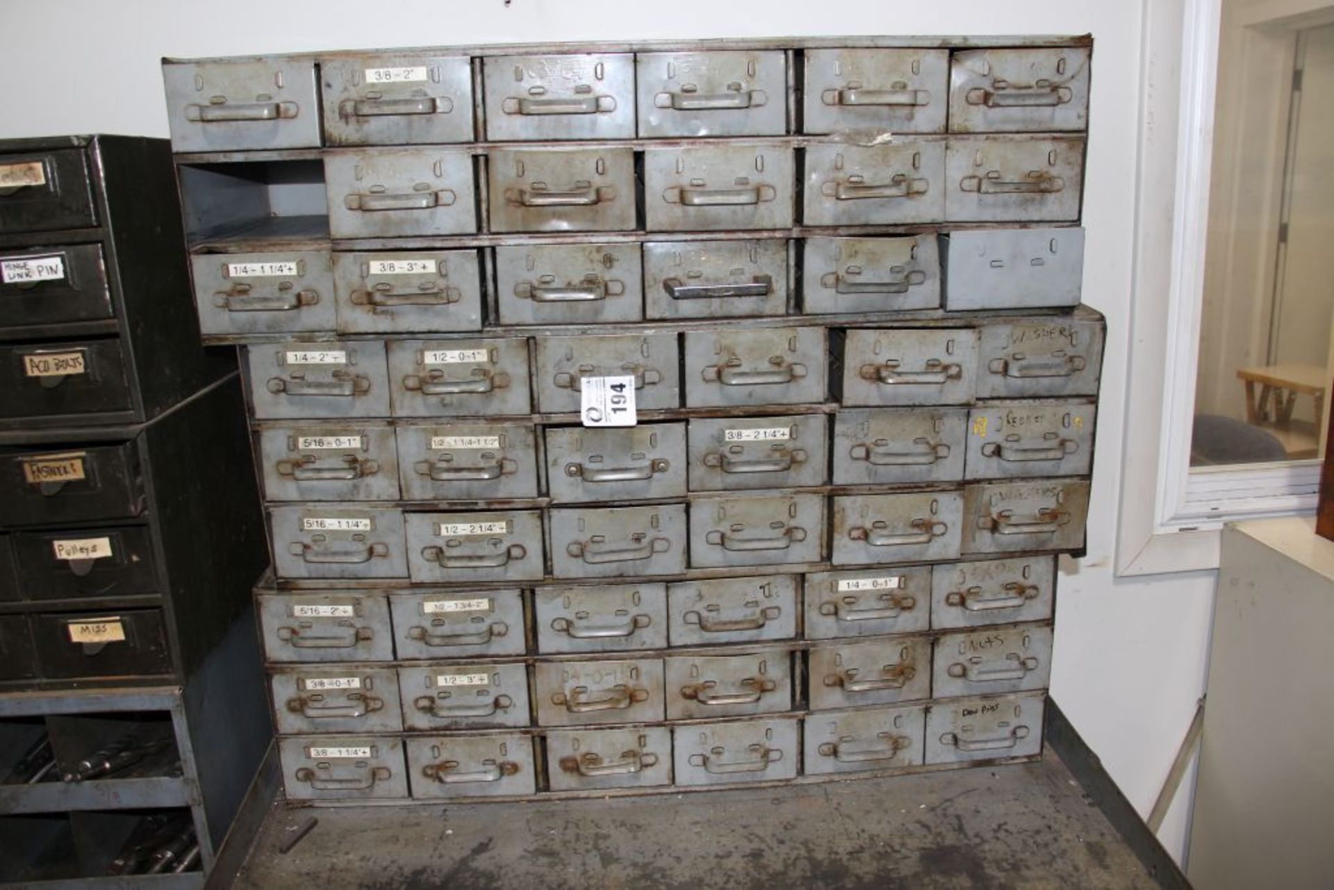 54-drawer parts bin with misc. bolts, nuts & washers