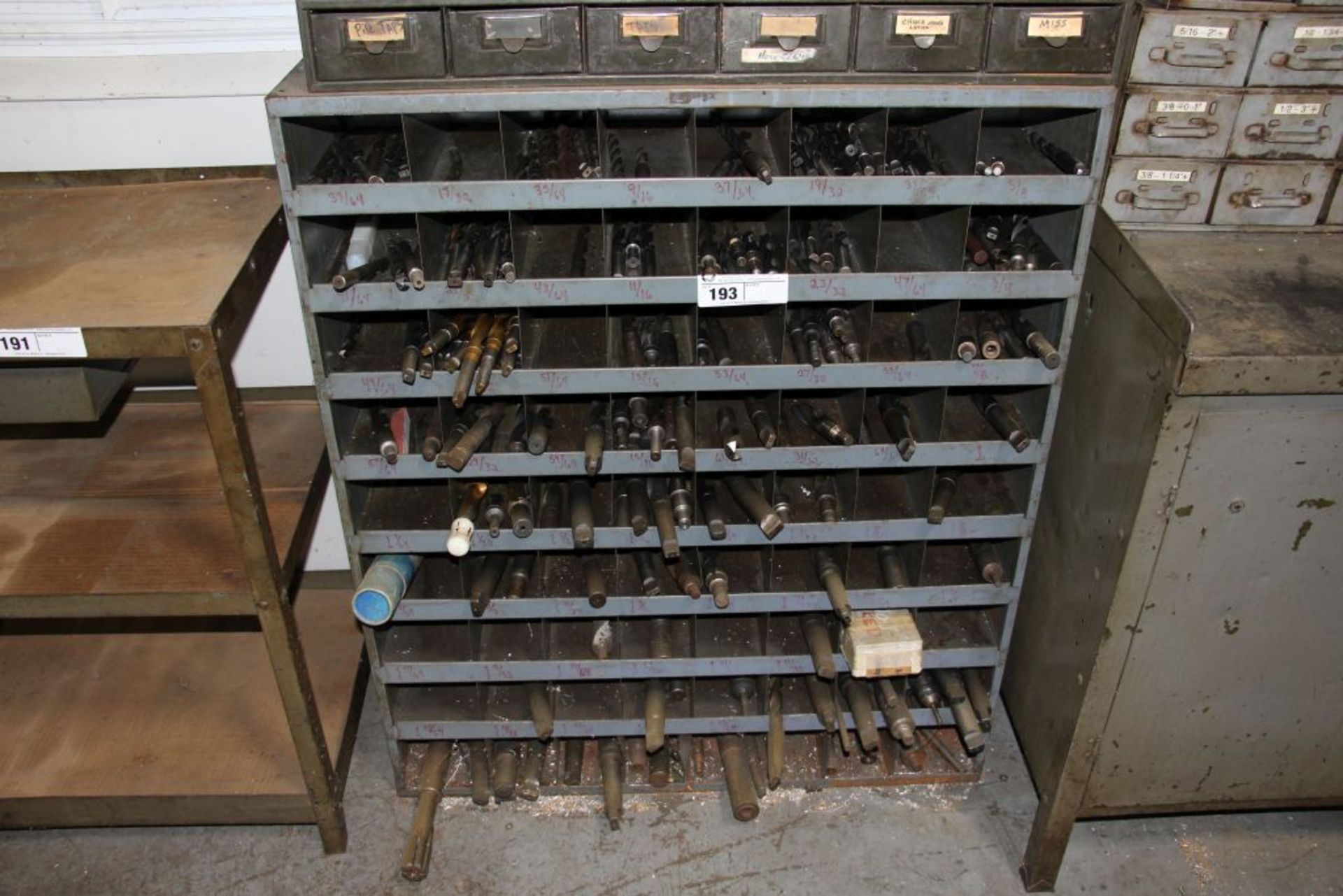 72-hole parts bin with assorted machining bits