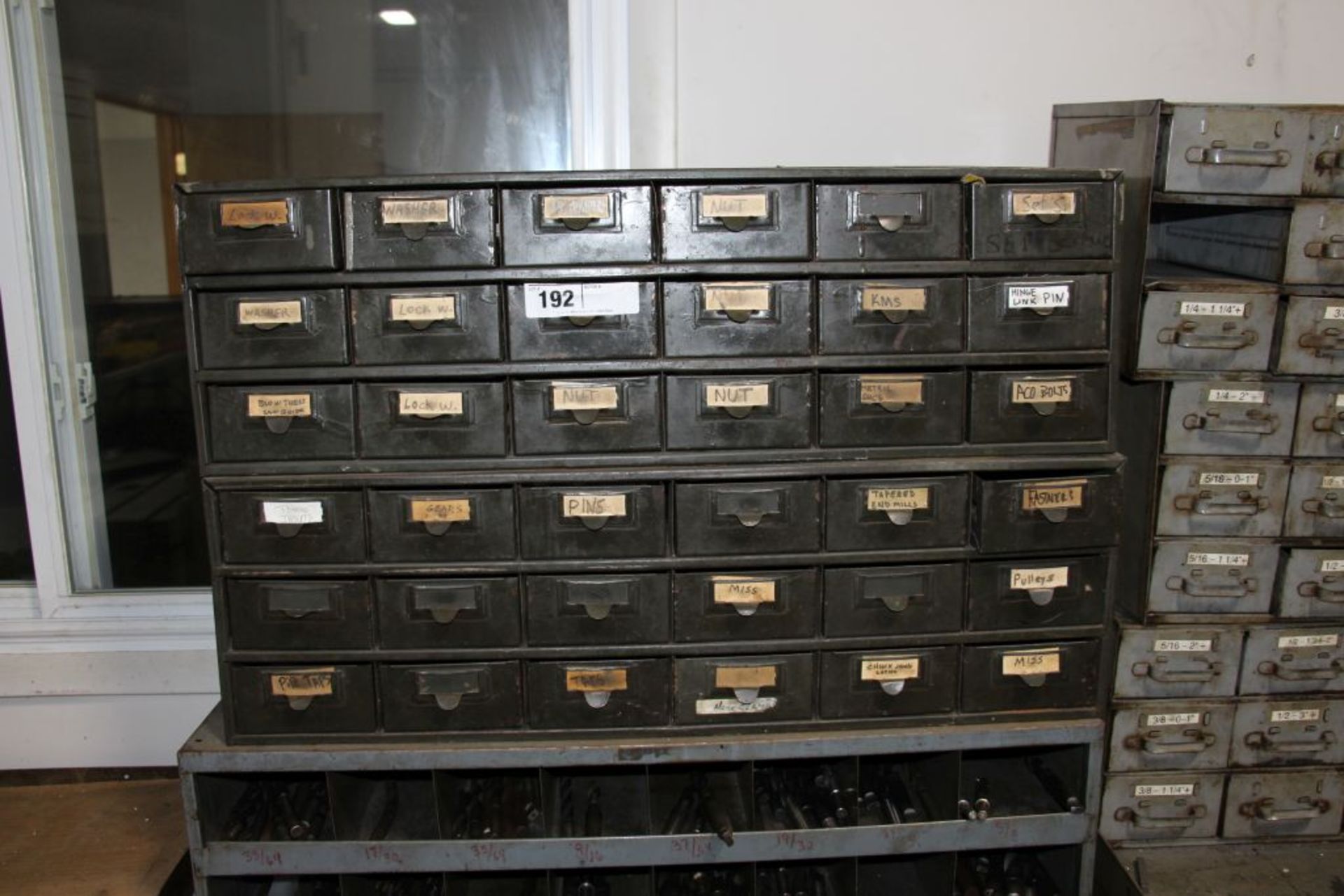 36-drawer parts bin with misc. parts