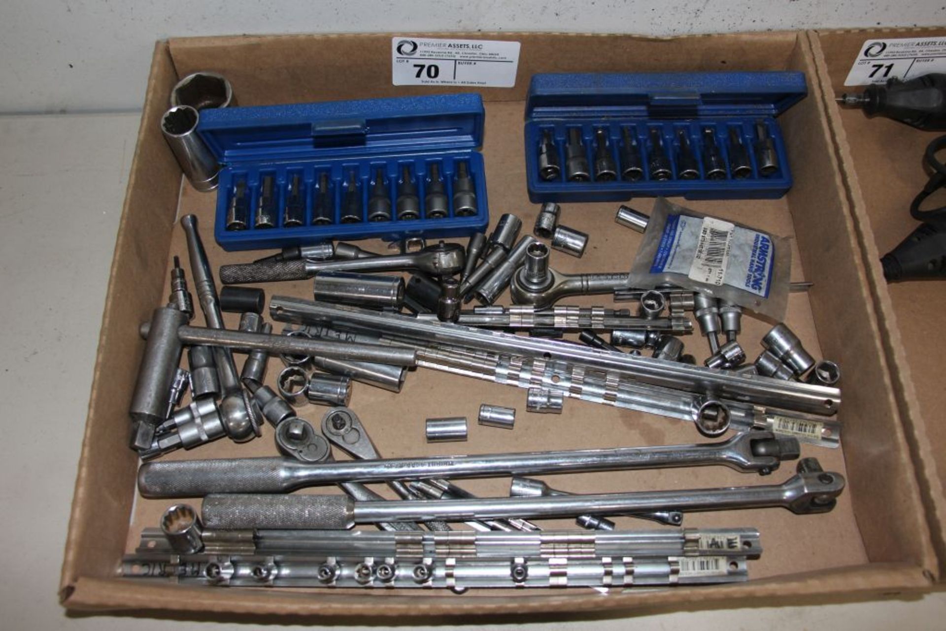 Assorted 1/4' 3/8" ratchets, sockets, extensions, breaker bars