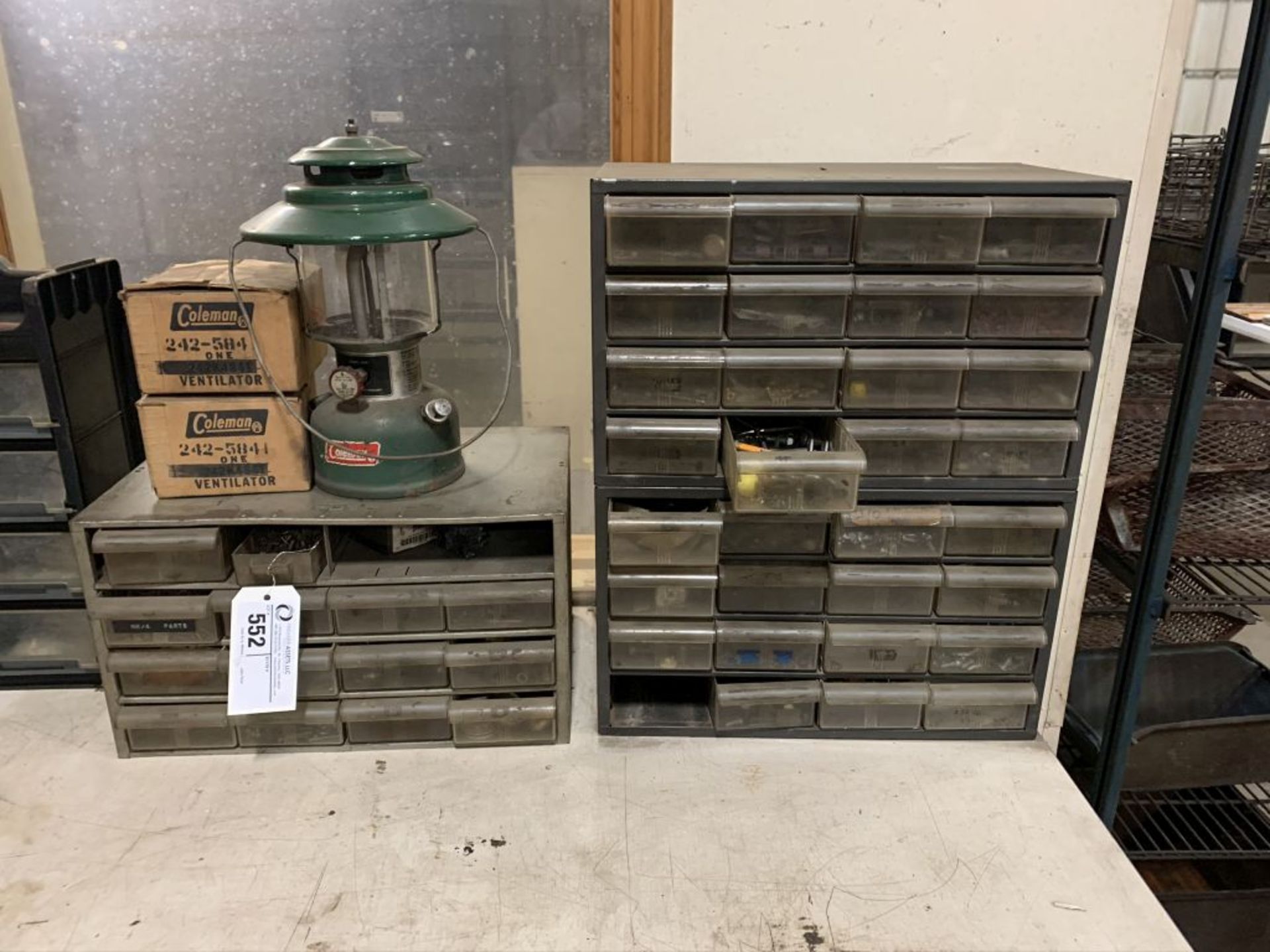 Hardware Bins with Hardware, Coleman Lantern