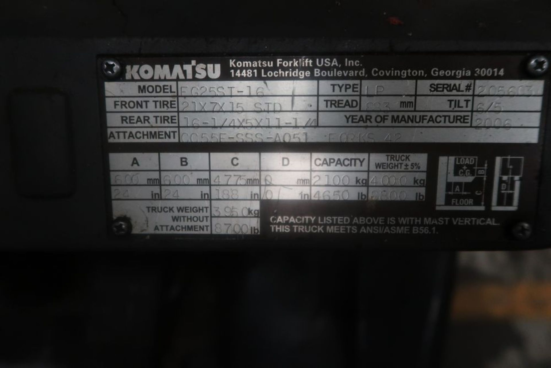 4,650 LB Komatsu LP Gas Forklift Model FG25ST-16 Side Shifter, S/N 205603 - Image 2 of 5