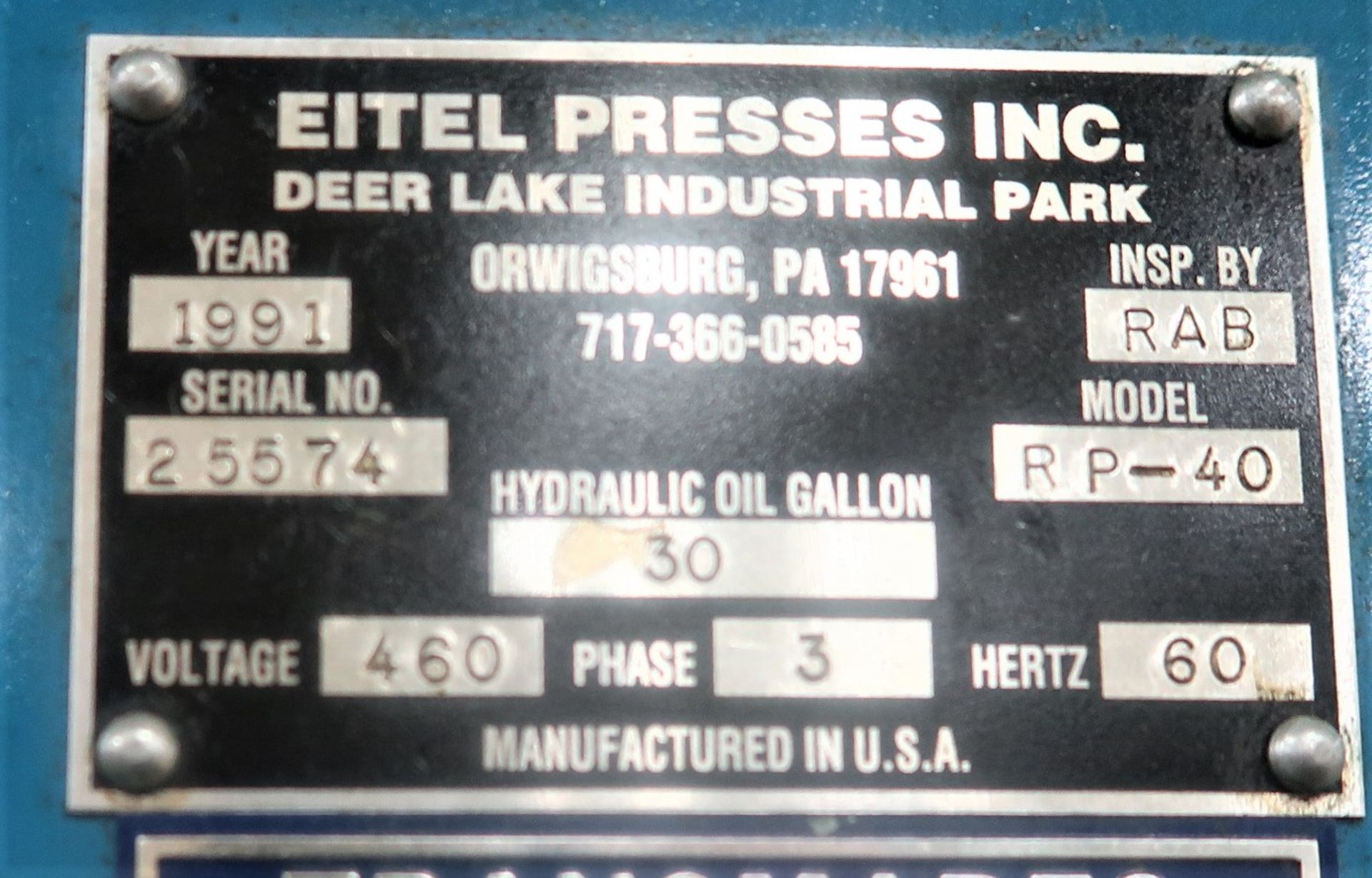 40 Ton Eitel Model RP-40 Precision Hydraulic Straightening Press, S/N 25574 - Image 5 of 6