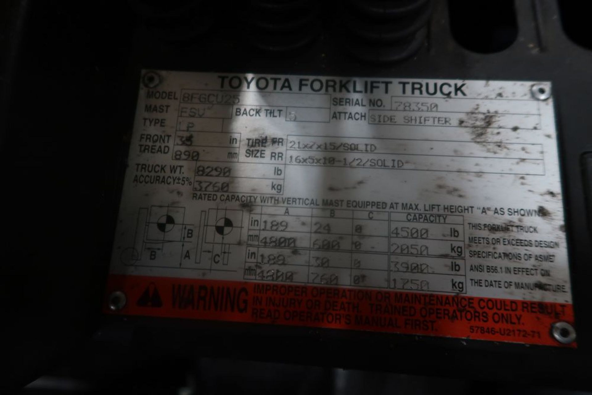 4,500 LB Toyoda LP Gas Forklift Model 8FGCU2S, S/N 78350 - Image 2 of 7