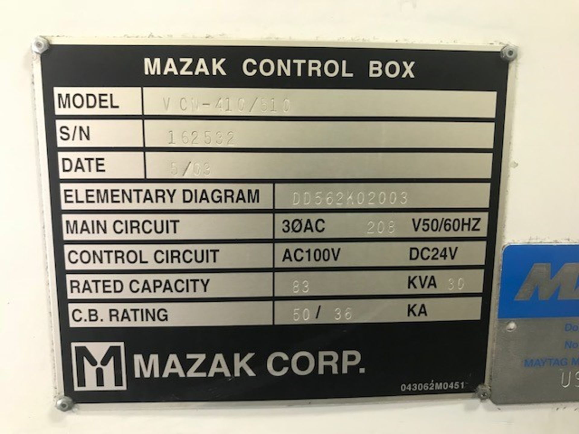 Mazak Nexus Model 410A CNC Vertical Machining Center, S/N 162532, New 2003 - Image 7 of 7