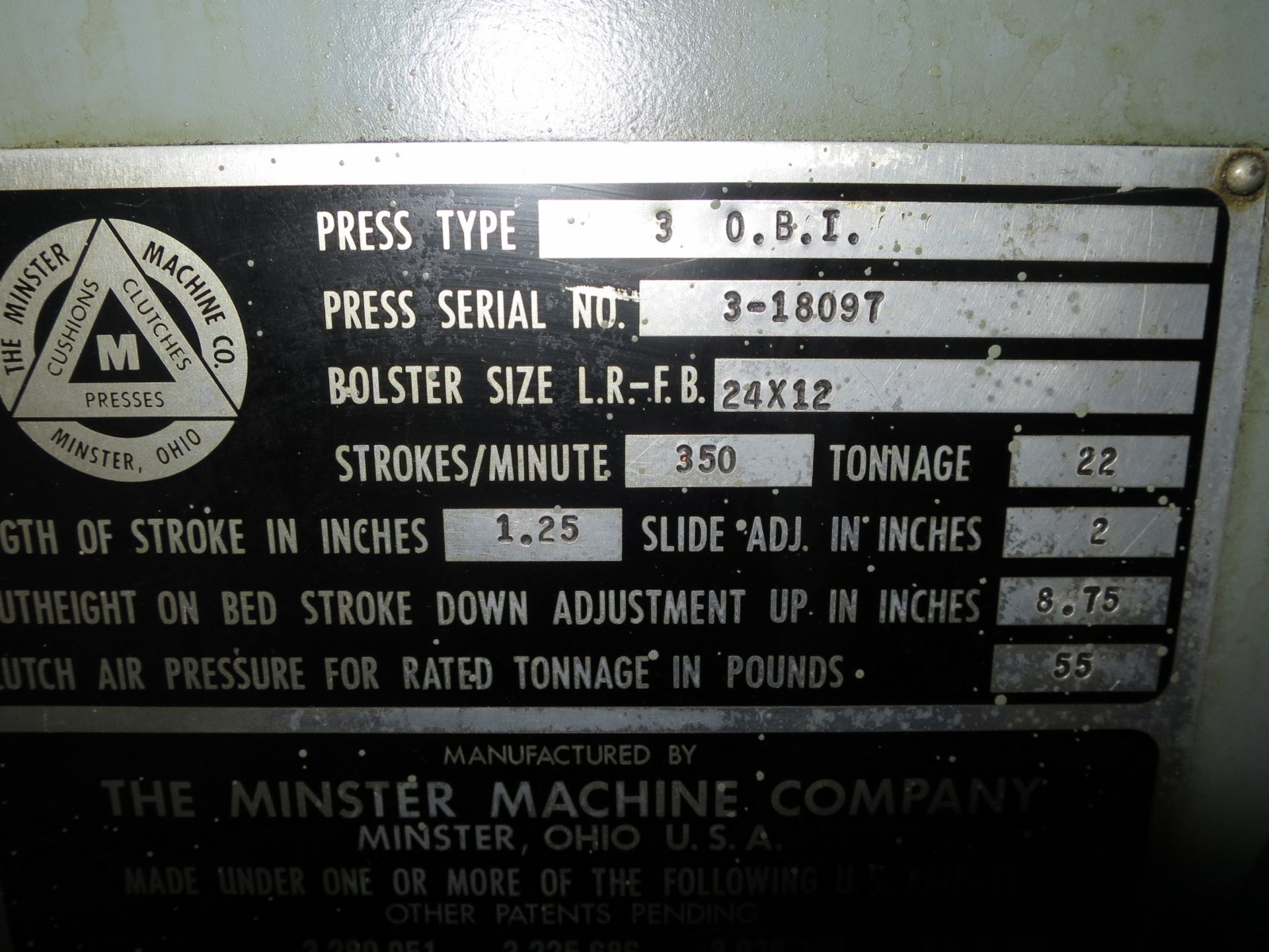 22 Ton Minster #3 high Speed OBI Press, S/N 18097 - Image 6 of 6