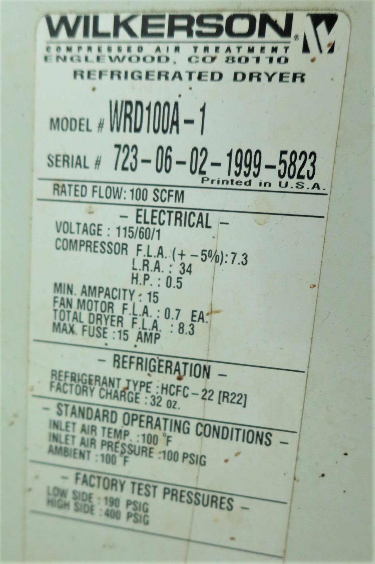Wilkerson WRD100A-1 Refrigerated Air Dryer, S/N 723-06-02-1999-5823 - Image 3 of 4