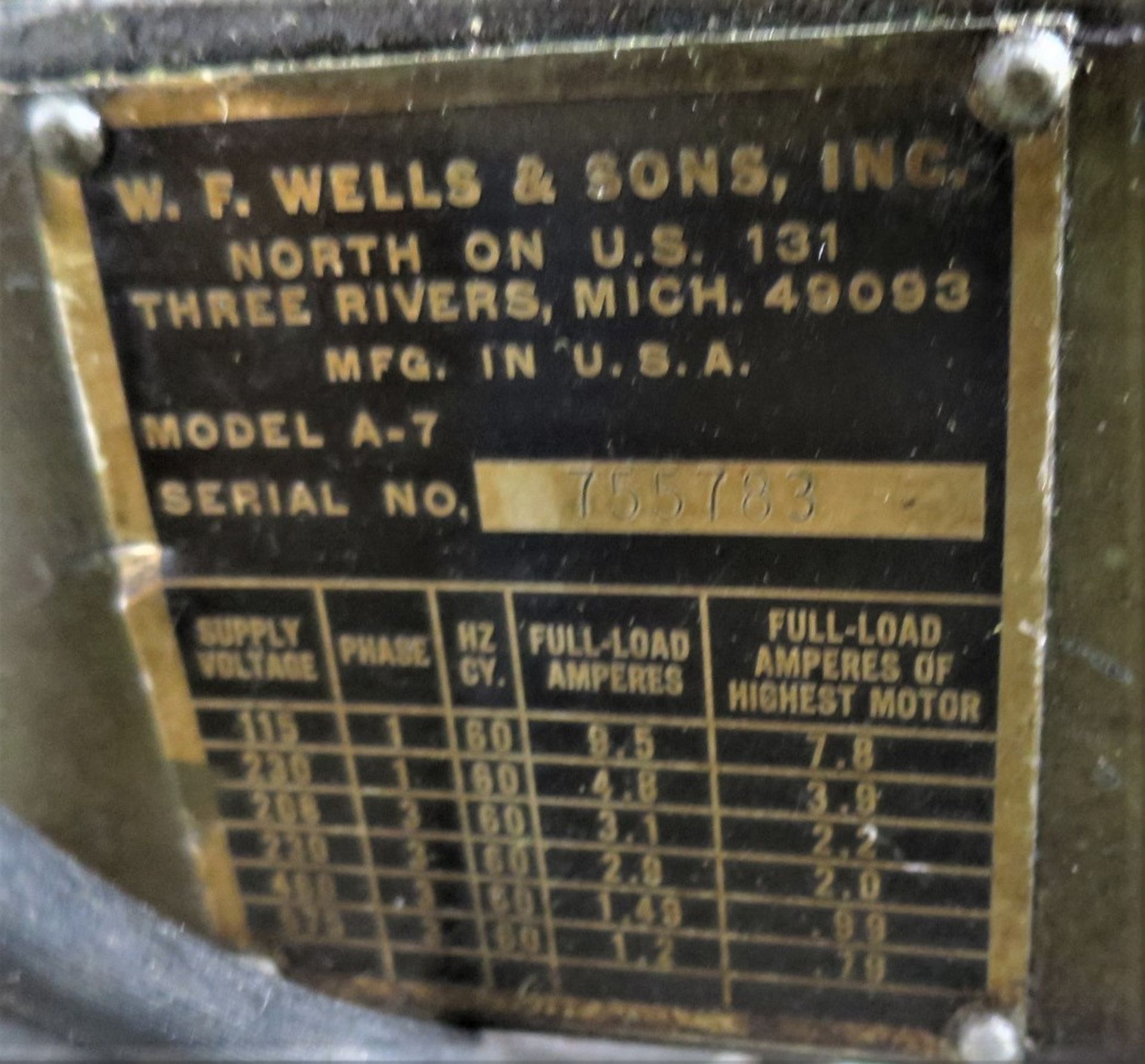 WF Wells Model A-7 Horizontal Band Saw, SN 755783 - Image 3 of 3