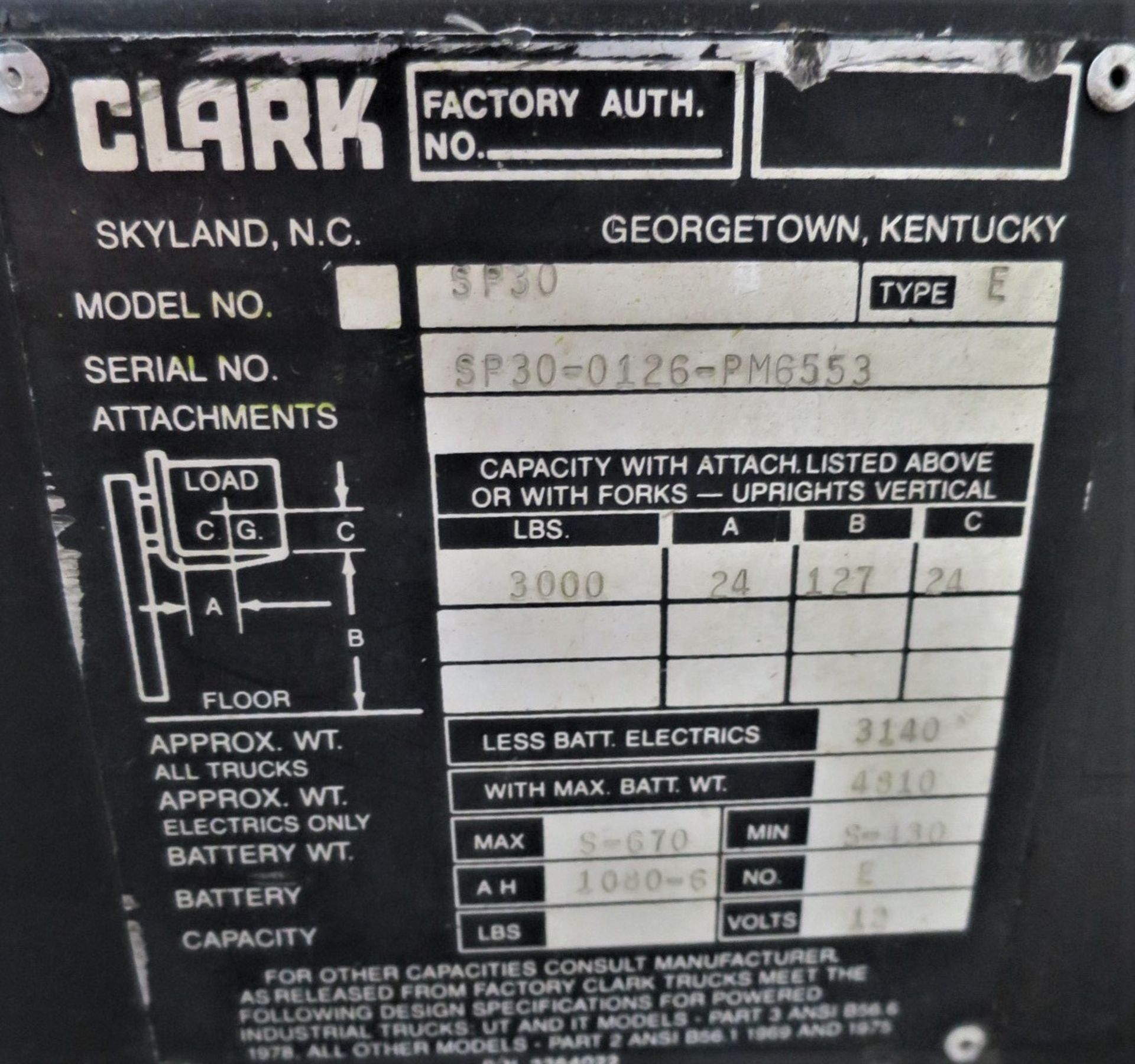 Clark Model SP30 Electric Lift Truck with Charger, S/N SP30-0126-PM6553 - Image 3 of 4