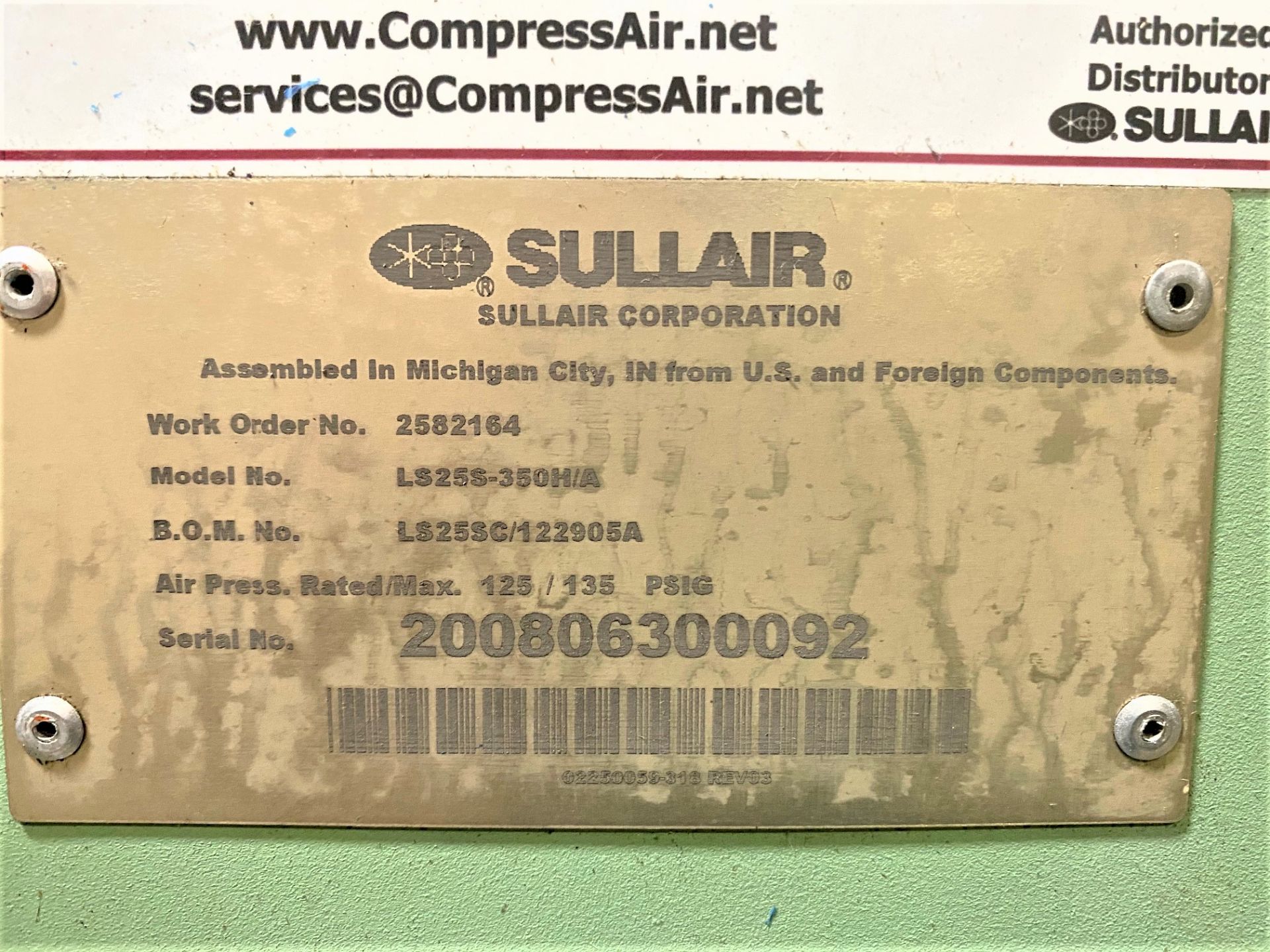 350 HP Sullair Model LS-25S-350H/A Screw Type Air Compressor, S/N 200806300092, New 2008 - Image 7 of 7