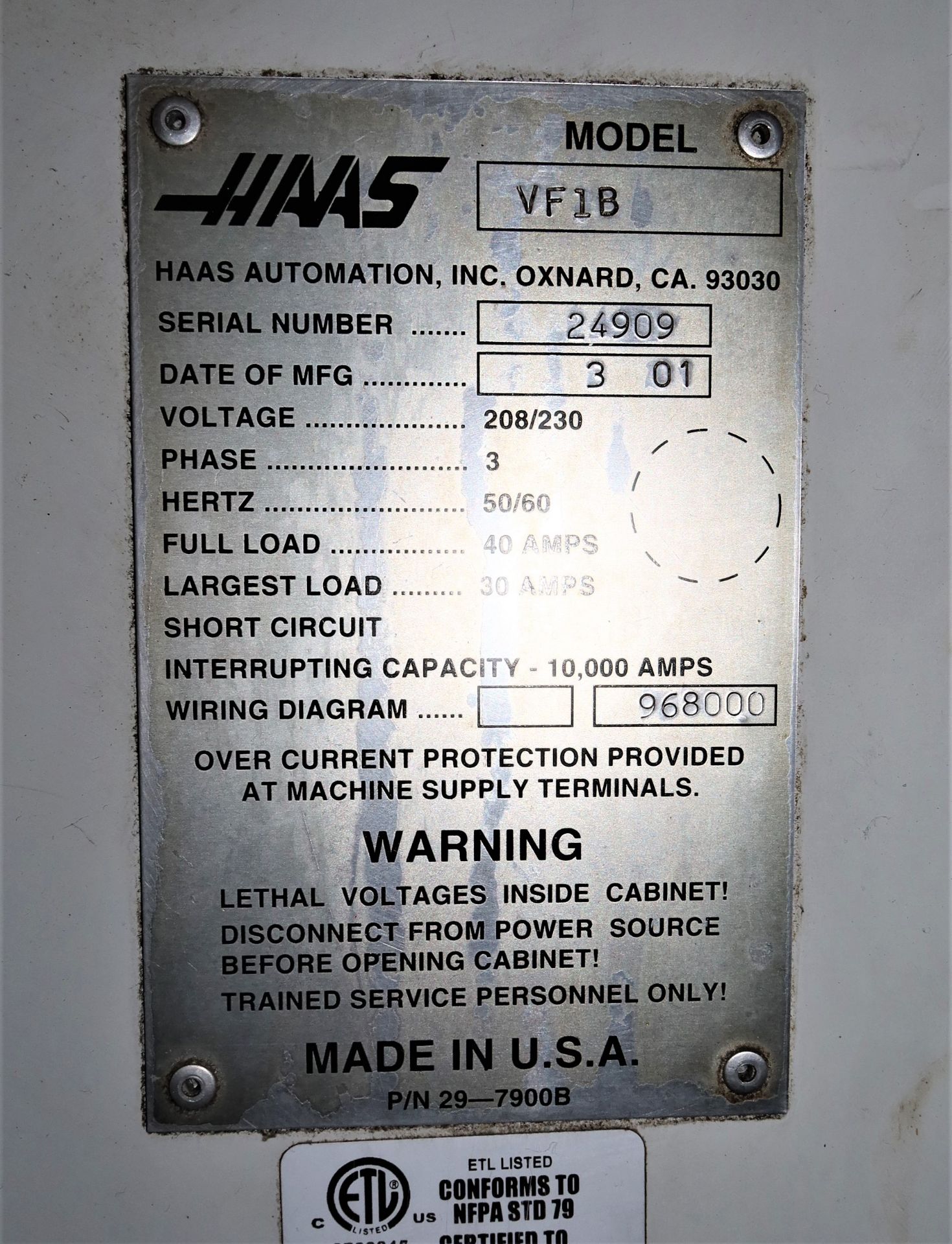 Haas VF-1 3-Axis CNC Vertical Machining Center, S/N 24909, New 2001 - Image 10 of 11