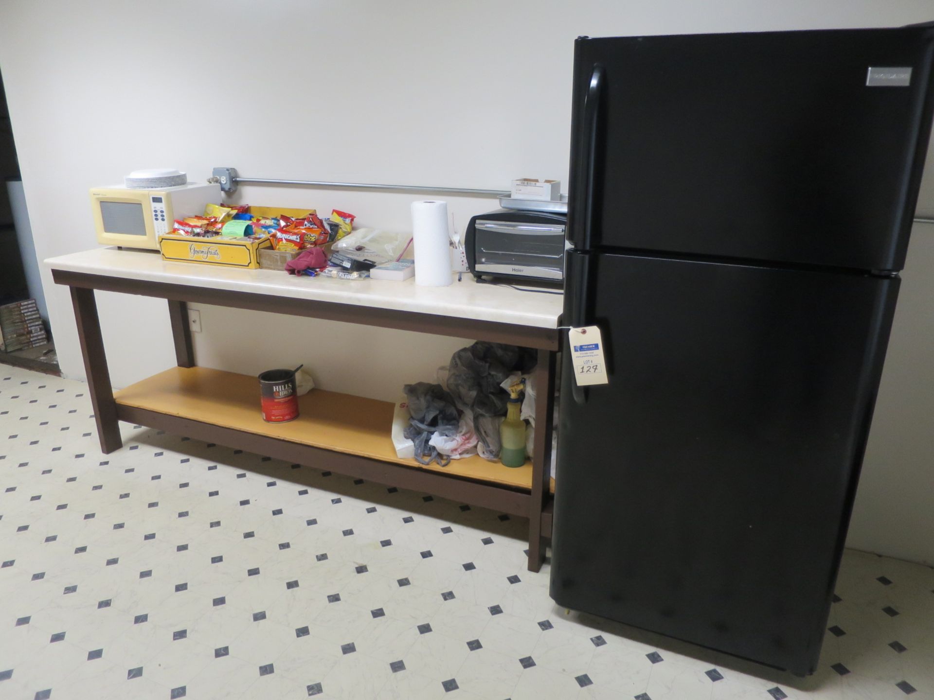 Break Room Items including Refrigerator, Microwave, Toaster and Table