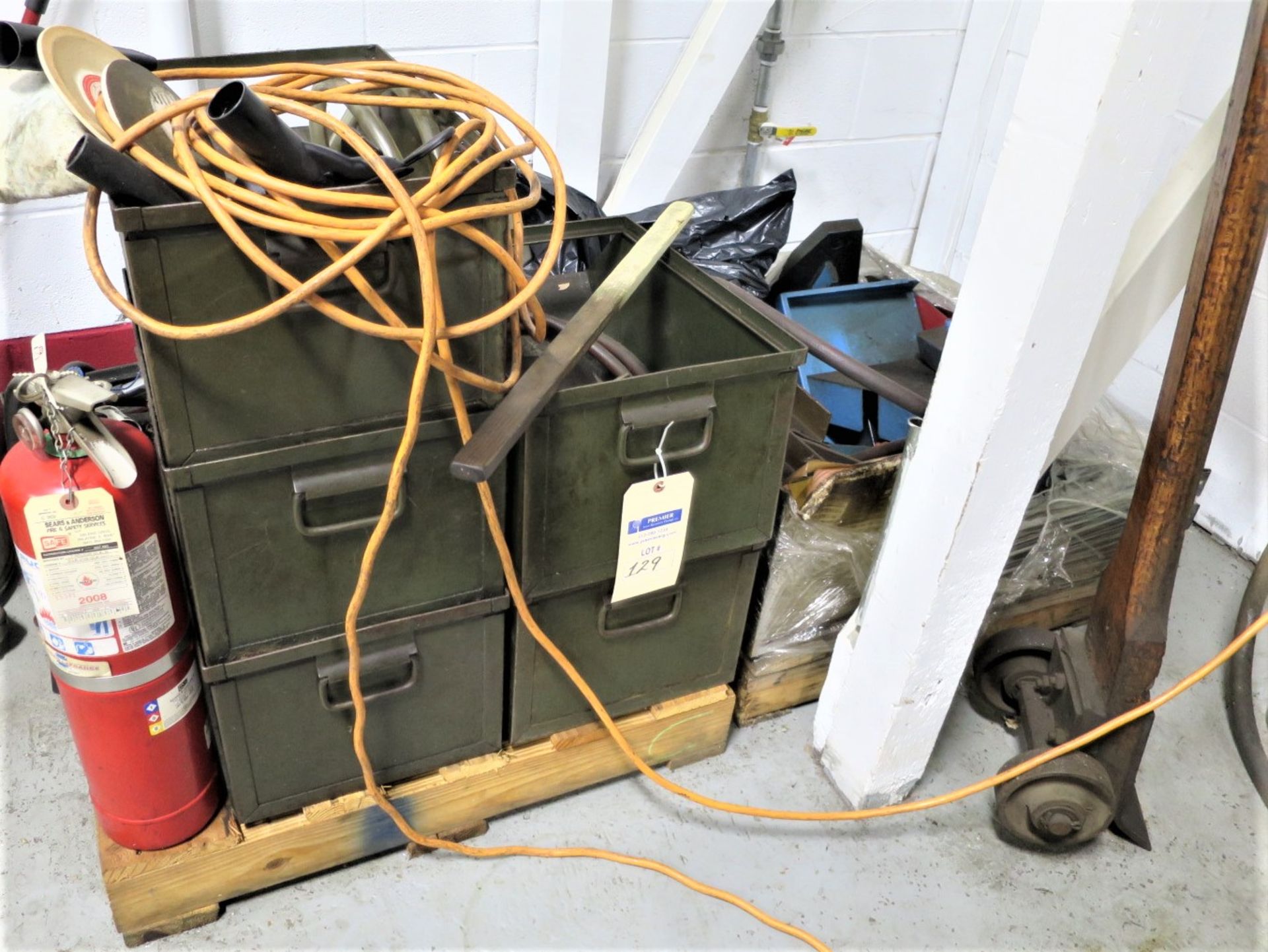 Pallet with metal bins, fire extinguishers, and misc. tools