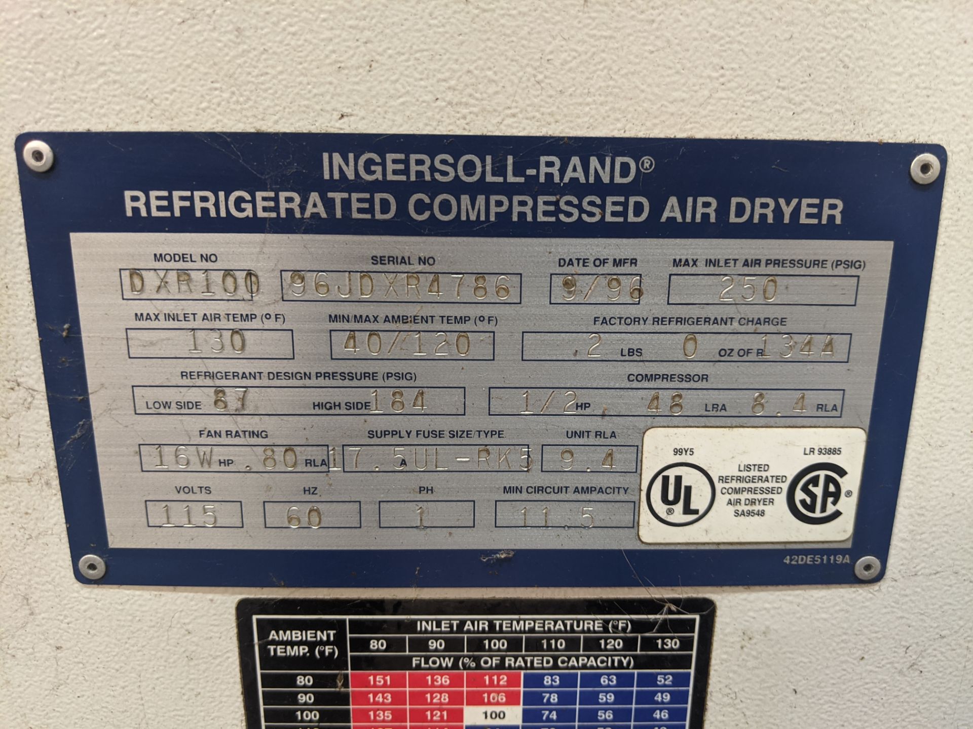 1996 Ingersoll-Rand Model DXR100 Refrigerated Air Dryer - Image 3 of 4