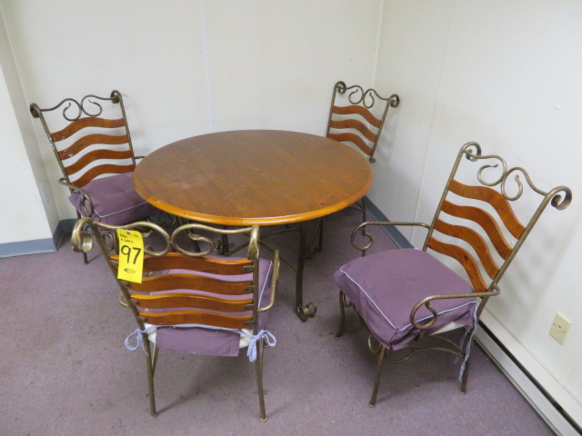 WROUGHT IRON & WOOD TABLE & (4) CHAIR SET